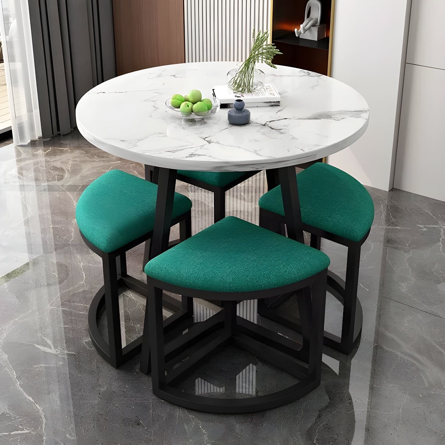 Round White Wood Tone Modern Dining Set with Metal Pedestal Base - Seats 4 thumbnail 4