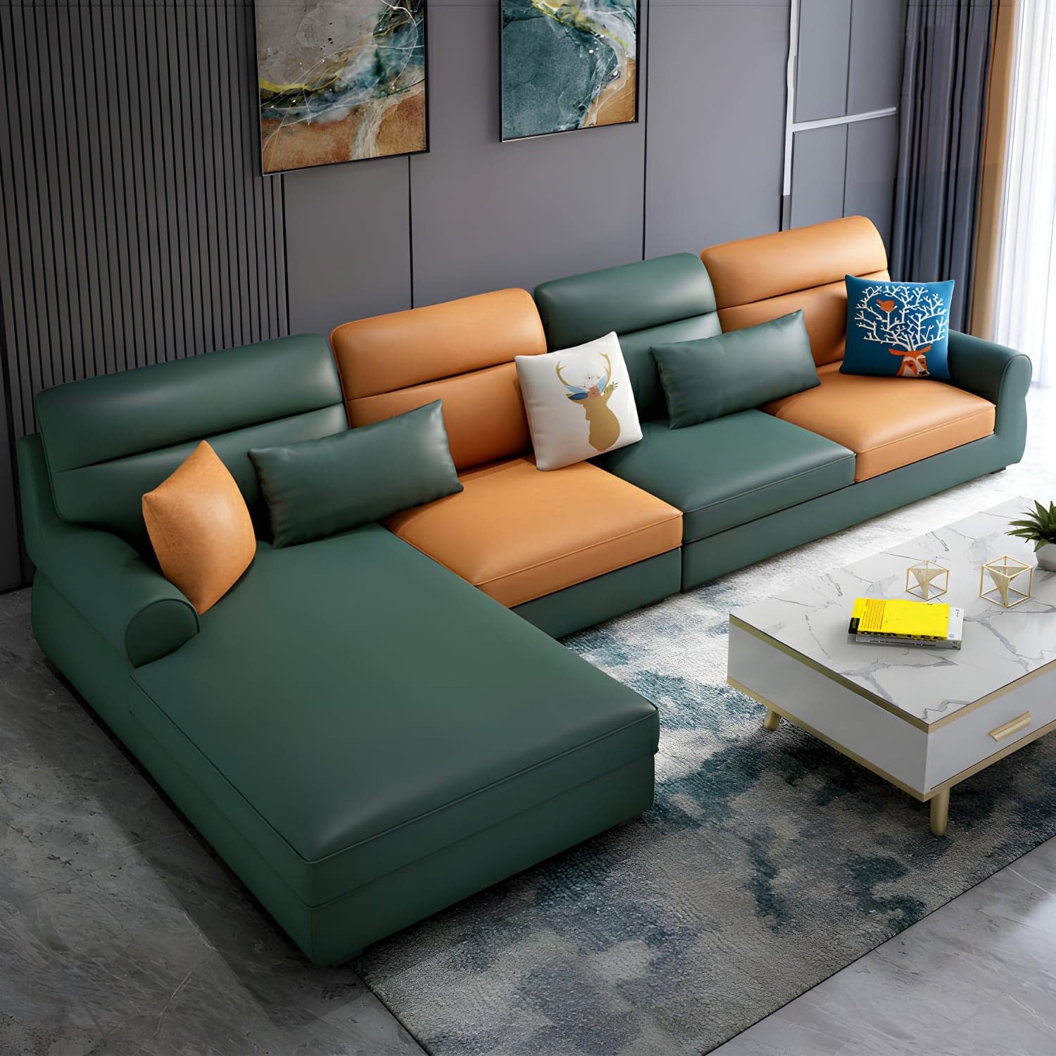 Large Modern L-Shape Stationary Wood Sectional Sofa with Round Arm and Cushion Back thumbnail 10