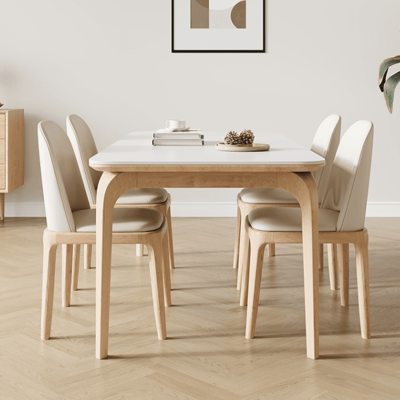 Dining Table Set with Slate Stone Fixed Table, Padded Chair Back for 6 People in White thumbnail 1