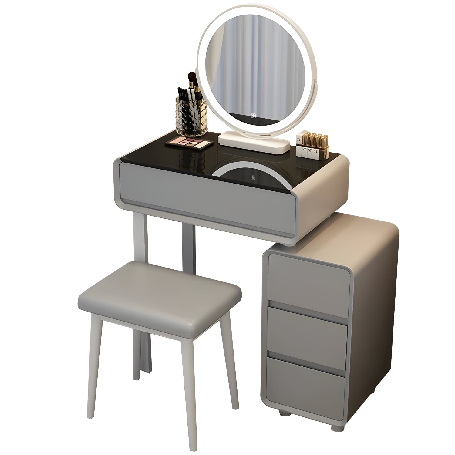 Modern Gray Makeup Vanity with Mirror & Drawers & Seat Included thumbnail 9
