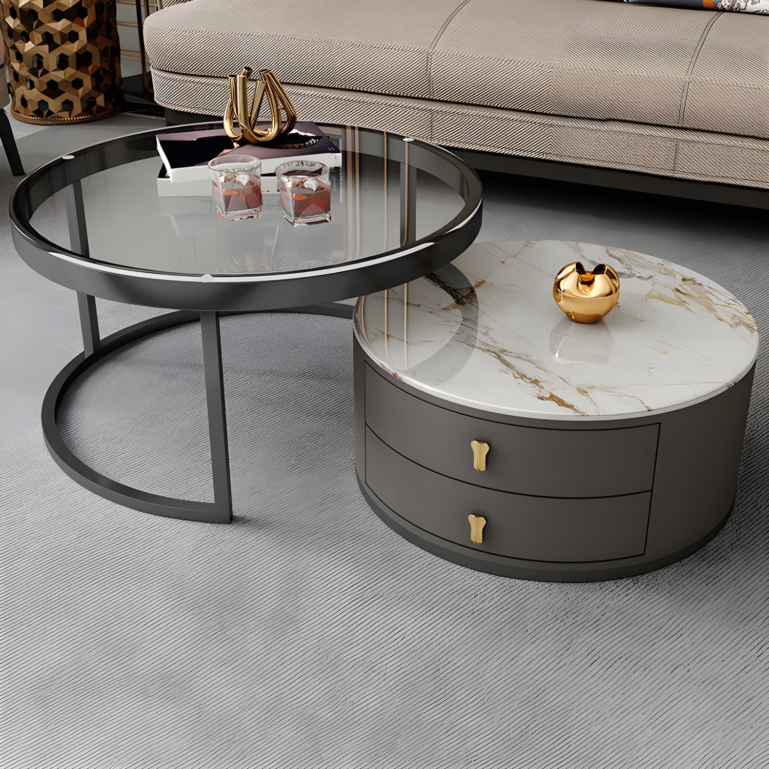 Modern Coffee Cocktail Table Round Nesting Coffee Table Set with Drawer thumbnail 7