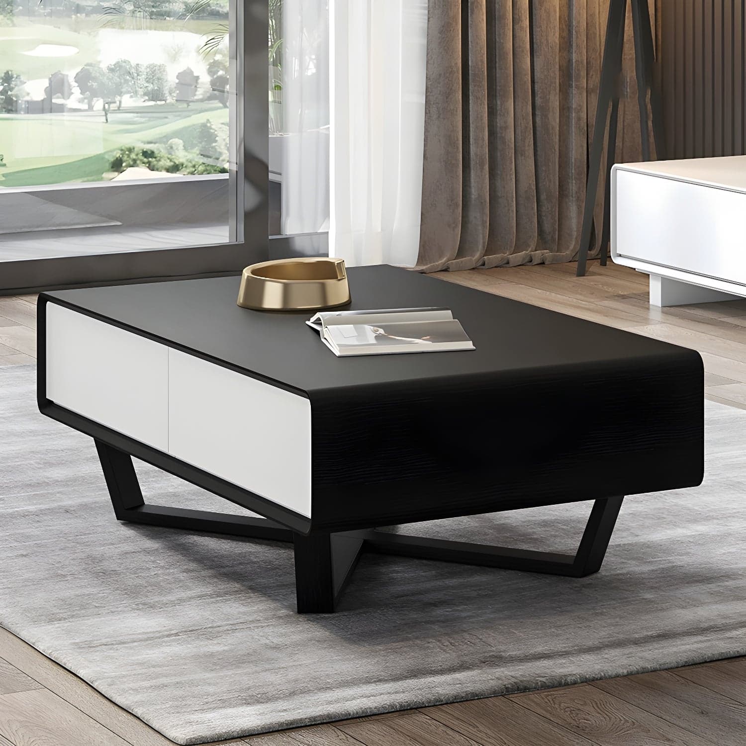 Rectangular Wood Modern Coffee Table with Black Metal Cross Legs and Storage Drawers thumbnail 3