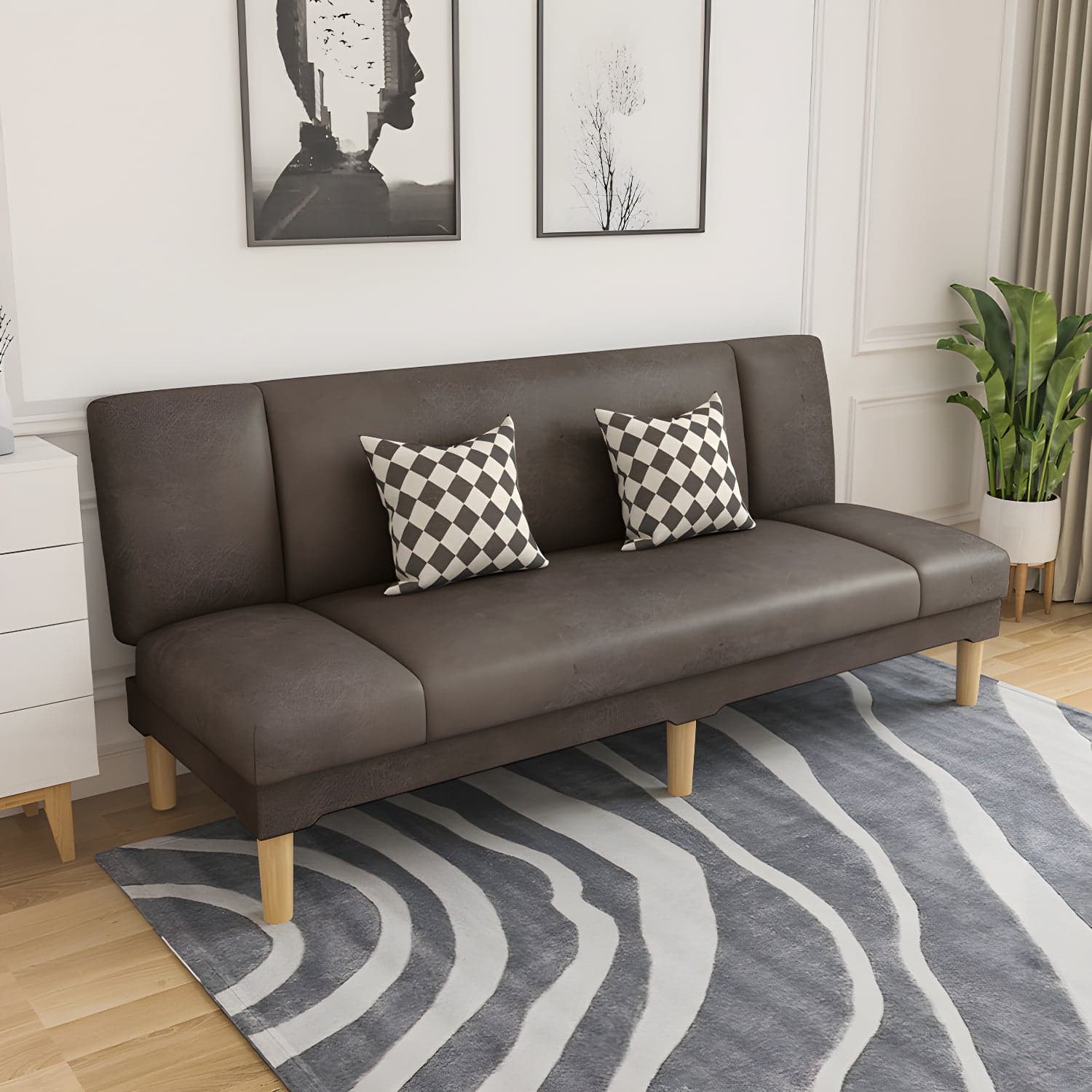Scandinavian Armless Sleeper Sofa, Light Wood, Foam Filling, Includes Pillows thumbnail 3