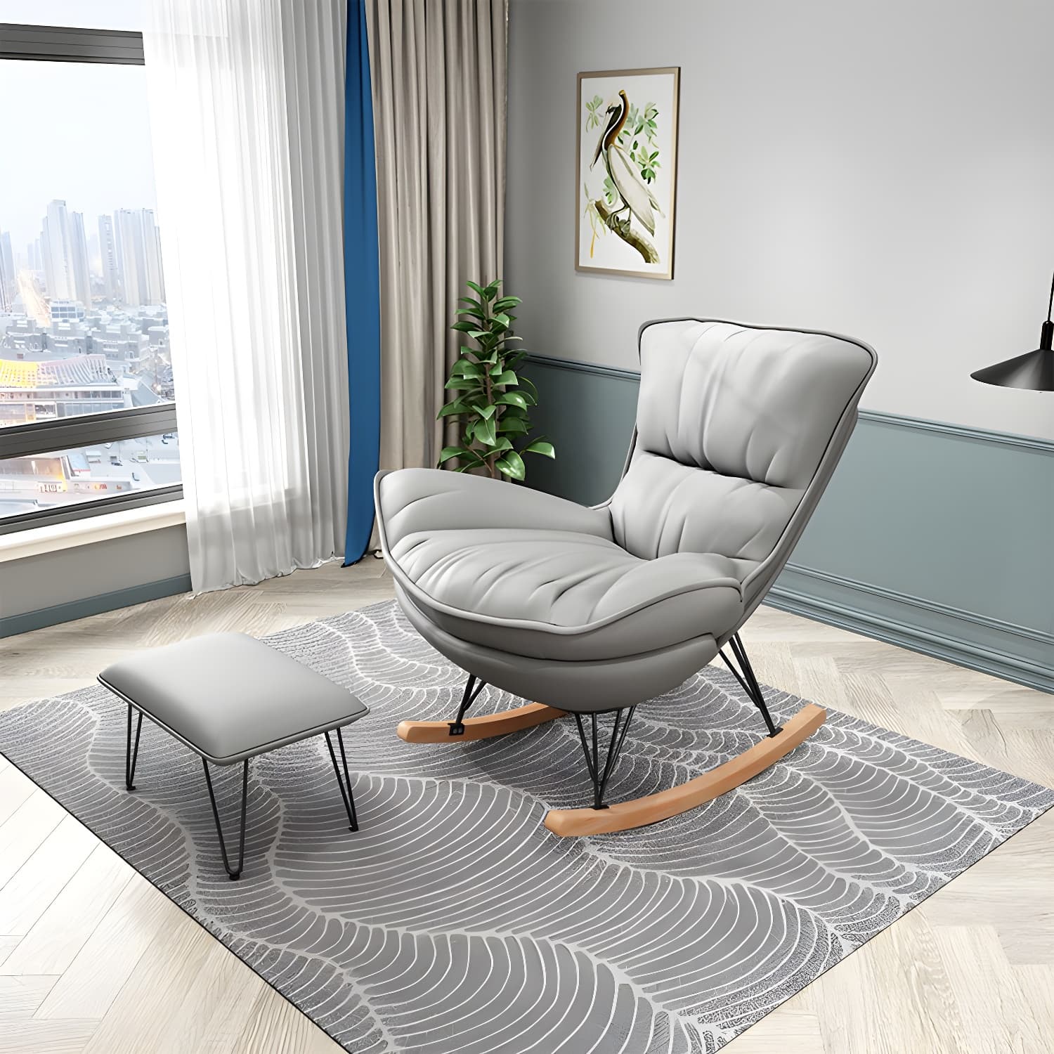 Modern Glider Chair Pure Color Metal Dark Legs Rocking Chair with Ottoman thumbnail 4