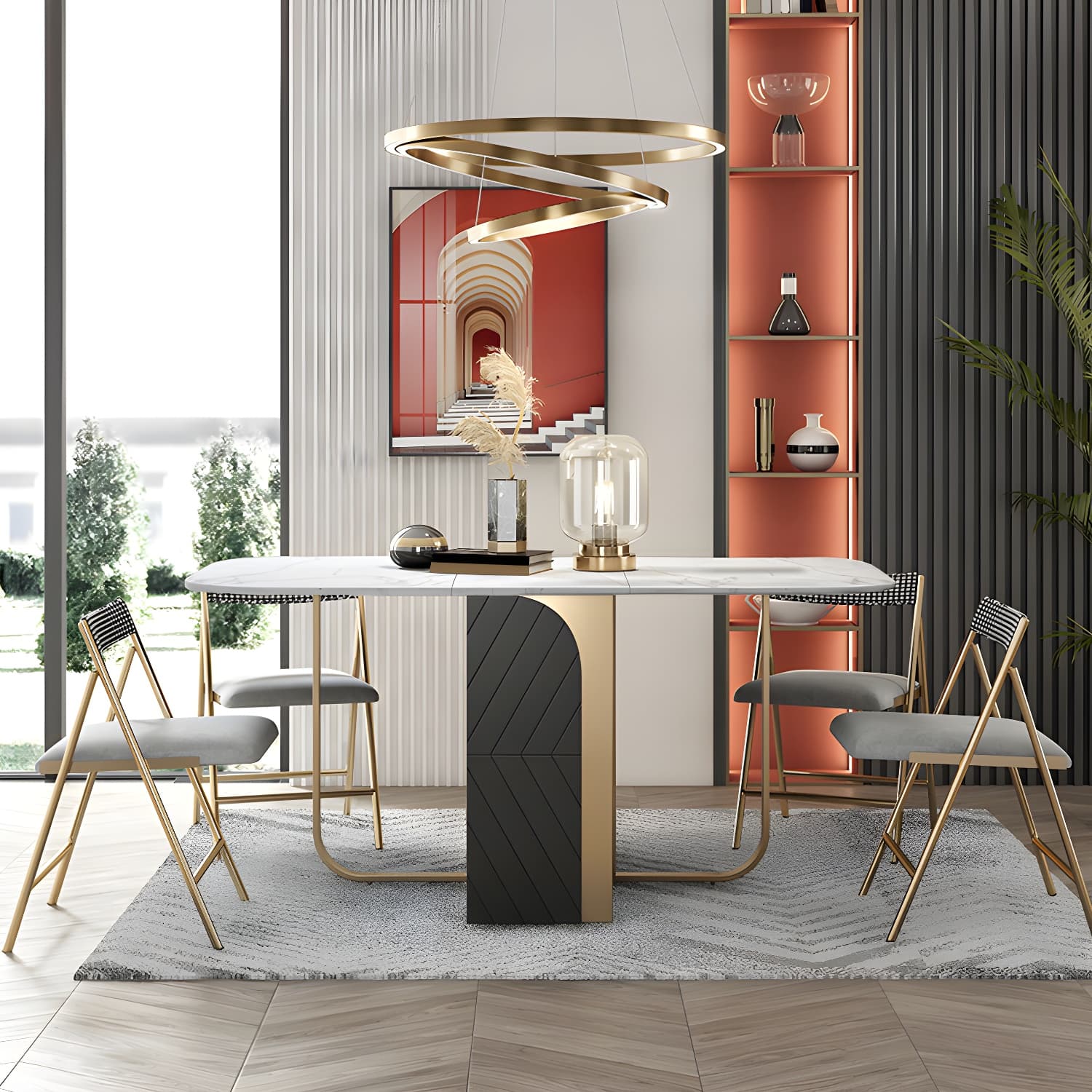 Modern 1/2/3/4/5 Pieces Rectangle Dining Table Set with Stone Top Foldable Dinette Set thumbnail 13
