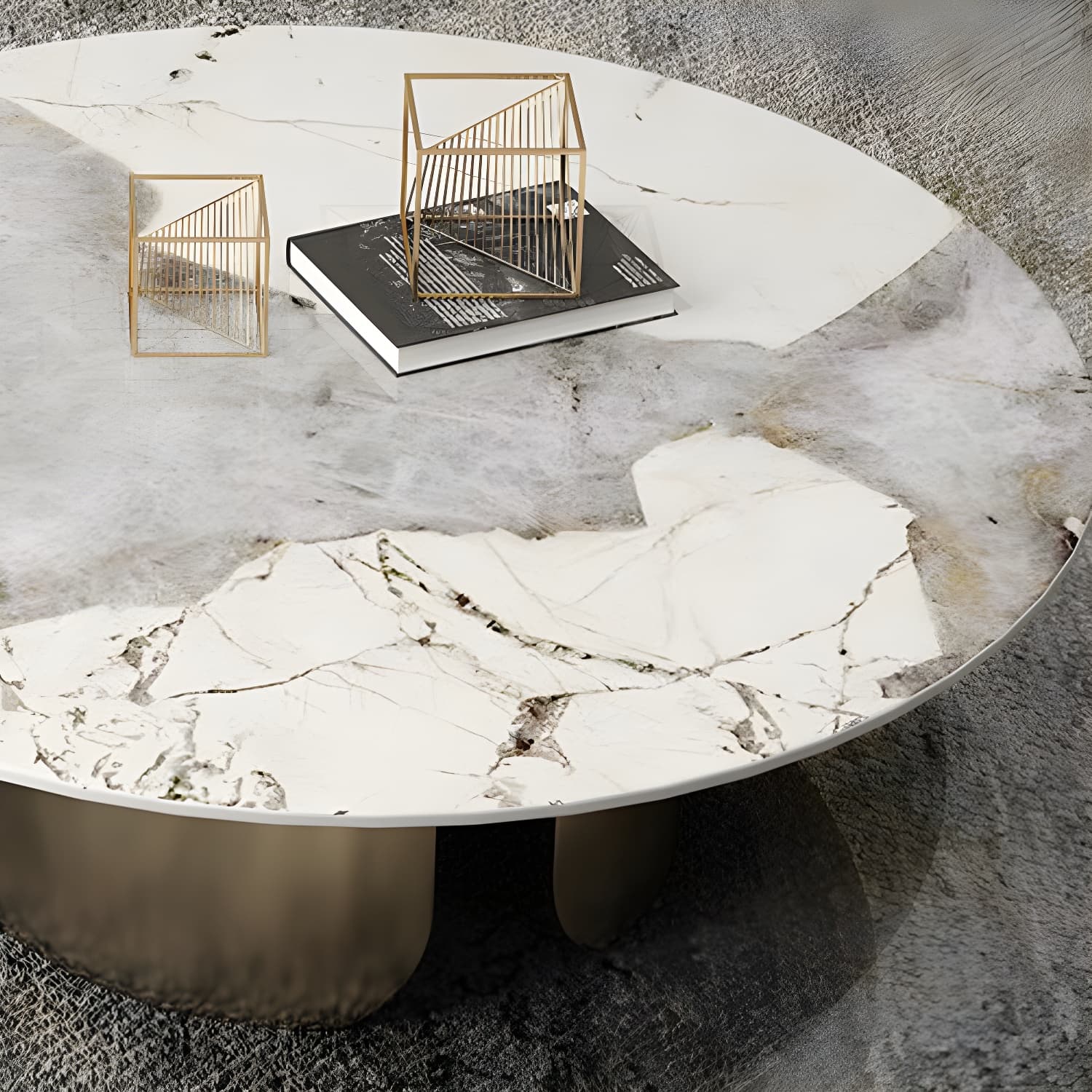 Chic Modern Round Beige Stone Top Coffee Table with Industrial Iron Base thumbnail 8