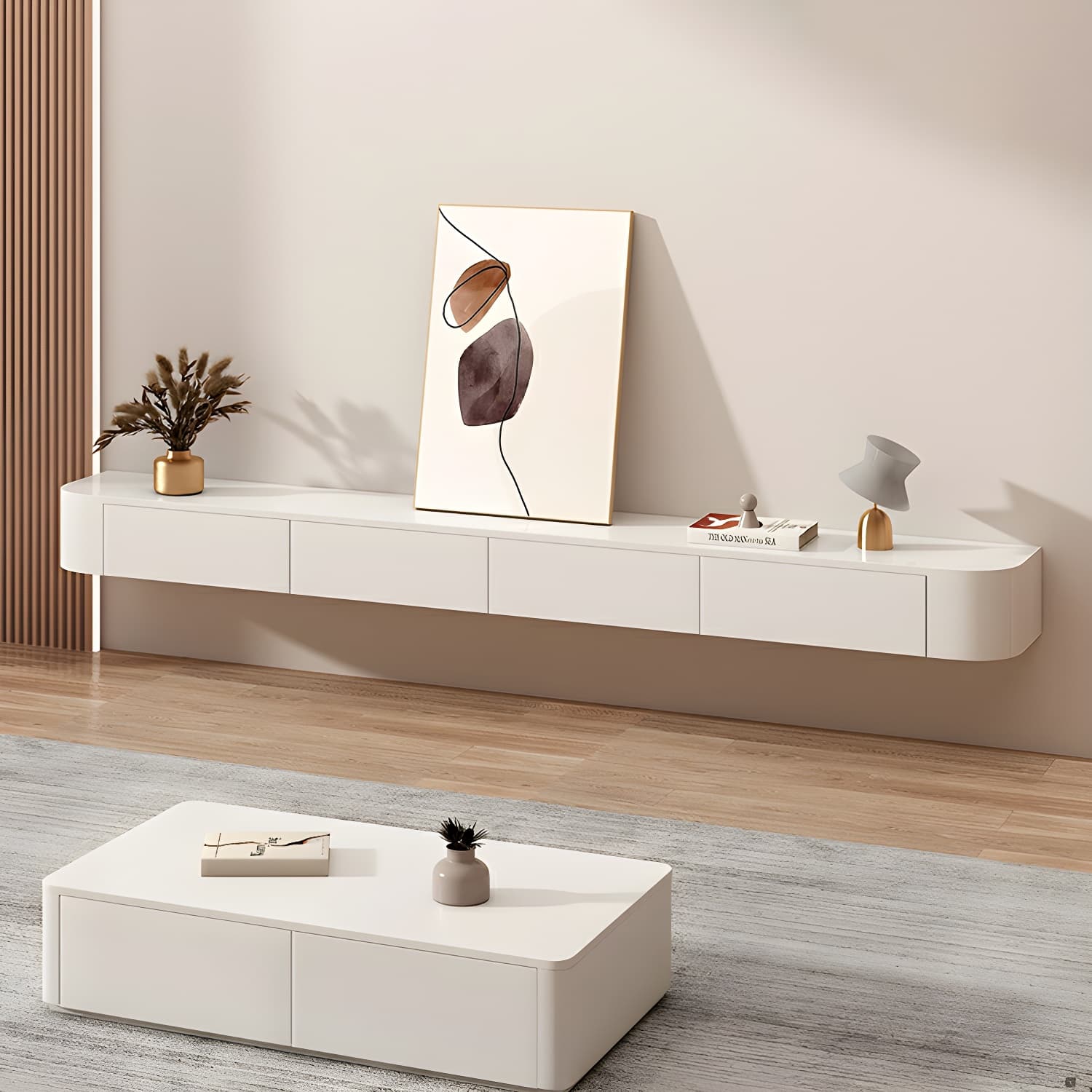 Elegant Rubberwood TV Stand with Floating Mount, Cable Management, and Soft Close Drawers thumbnail 6