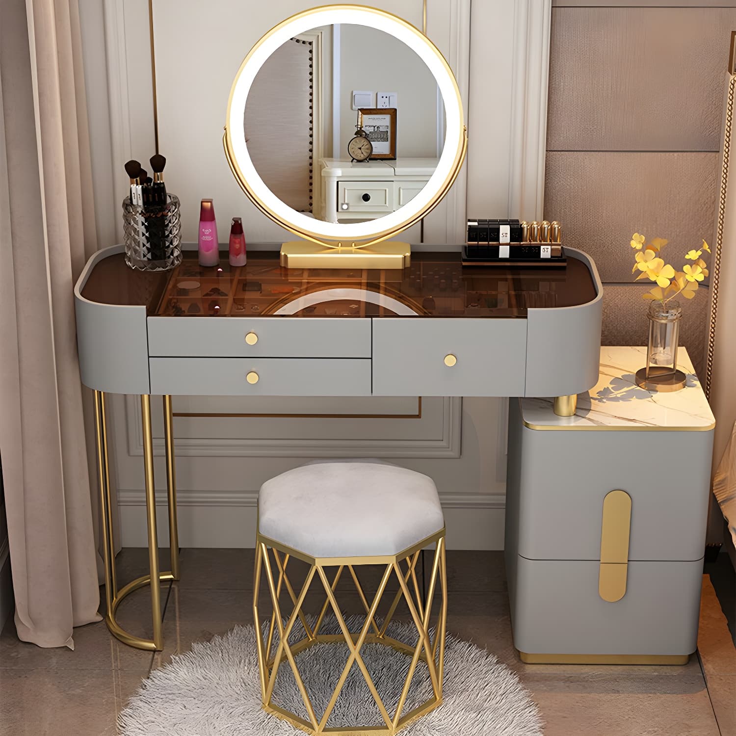 Contemporary Glass Top Vanity Dressing Table With 4/5 Drawers thumbnail 5