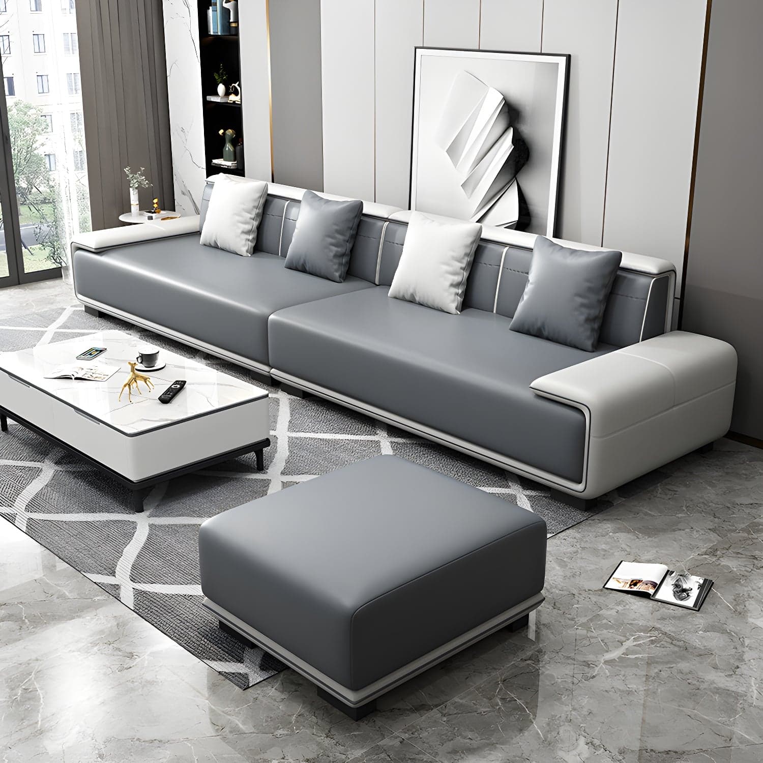 Faux Leather Sofa & Chaise with Pillows Modern U Sofa in Gray - 29.53" H thumbnail 10