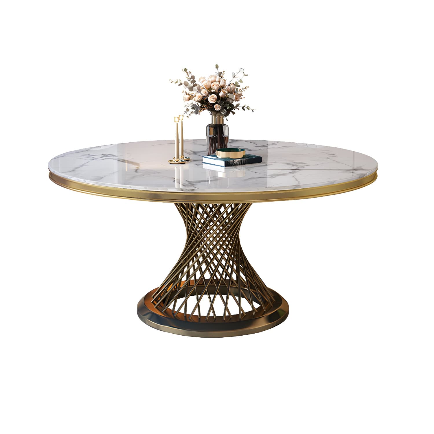 Glam Round Marble Dining Set with Gold Metal Pedestal Base - Fixed Table in White thumbnail 5