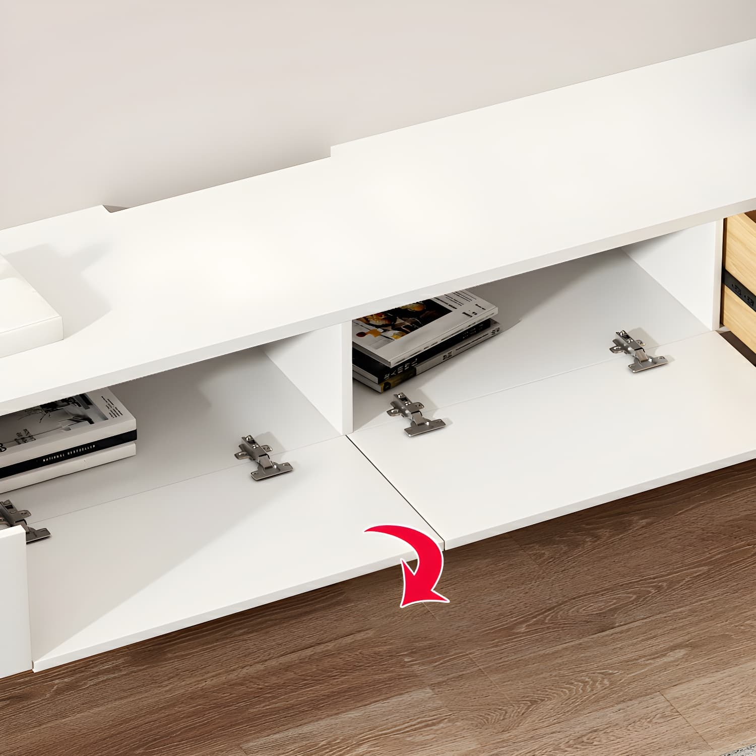 Elegant Rubberwood TV Stand with Floating Mount, Cable Management, and Soft Close Drawers thumbnail 8