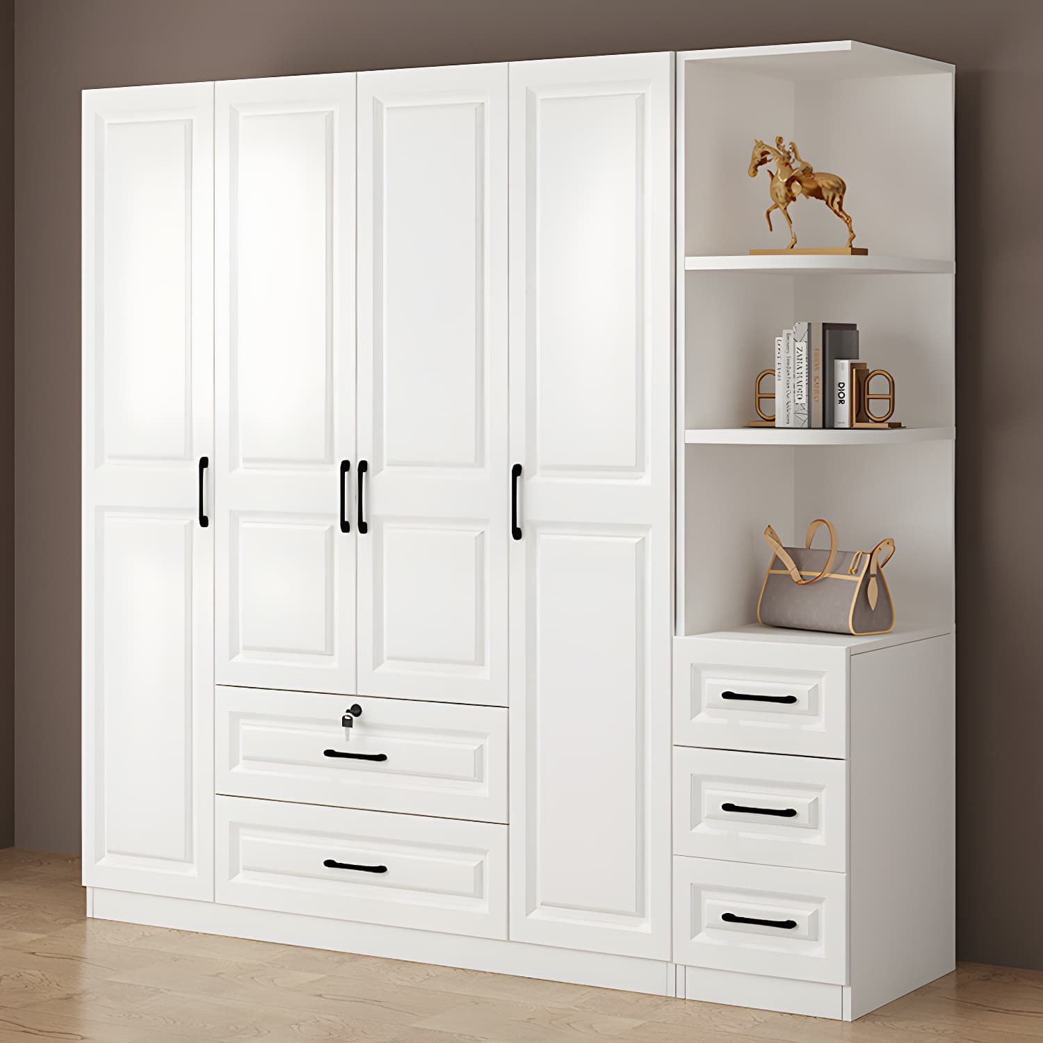 Wood White Modern Wardrobe Armoire with Drawers, Shelves, and Clothing Rod thumbnail 12