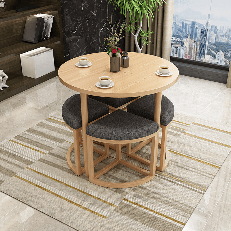 Reclaimed Wood Round Dining Table Set with Metal Toboggan Base and Upholstered Backless Chairs for 4 People thumbnail 33