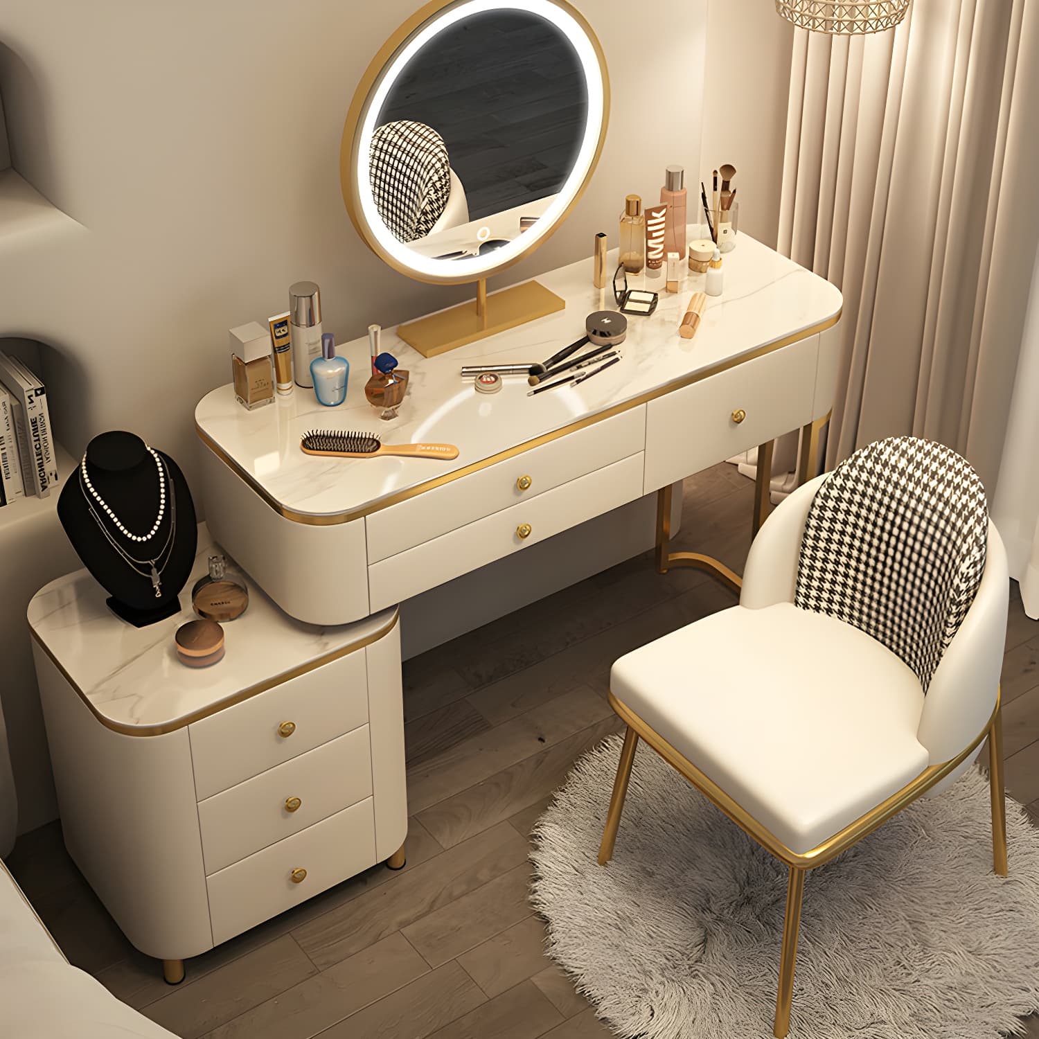 Scandinavian Wooden Vanity Desk in White Modern with Drawers Dressing Table thumbnail 12