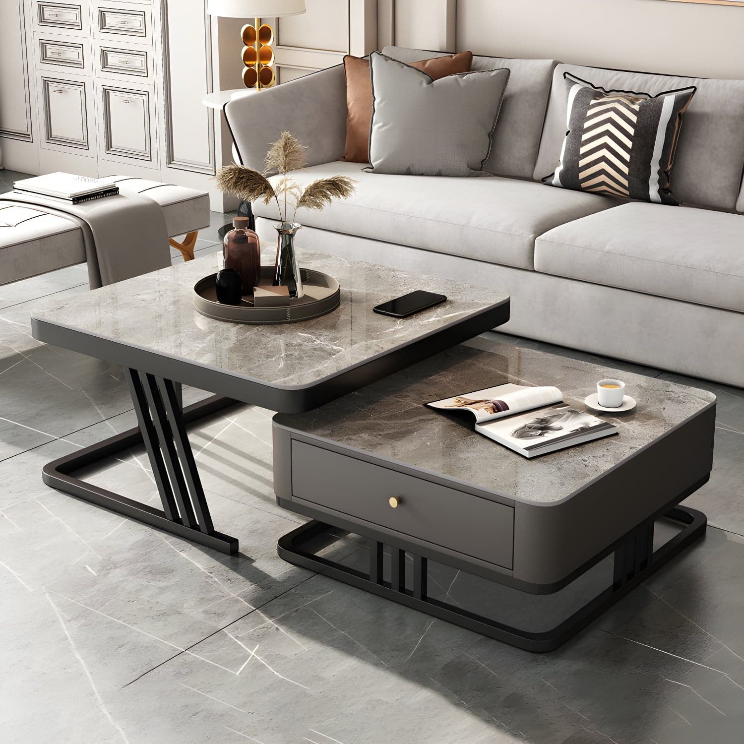 Modern Round Glass / Slate Cocktail Table Steel Frame Coffee Table with Drawer thumbnail 6