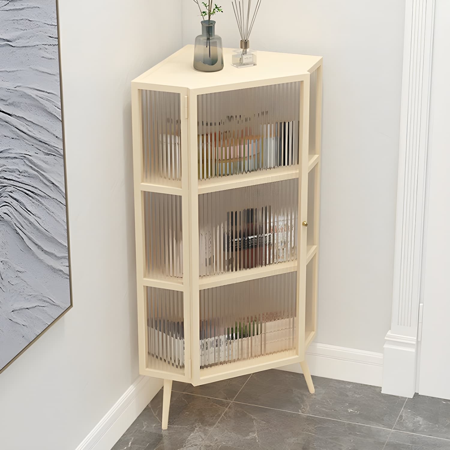 40cm Corner Modern Accent Cabinet with Glass Doors and Iron Base thumbnail 5