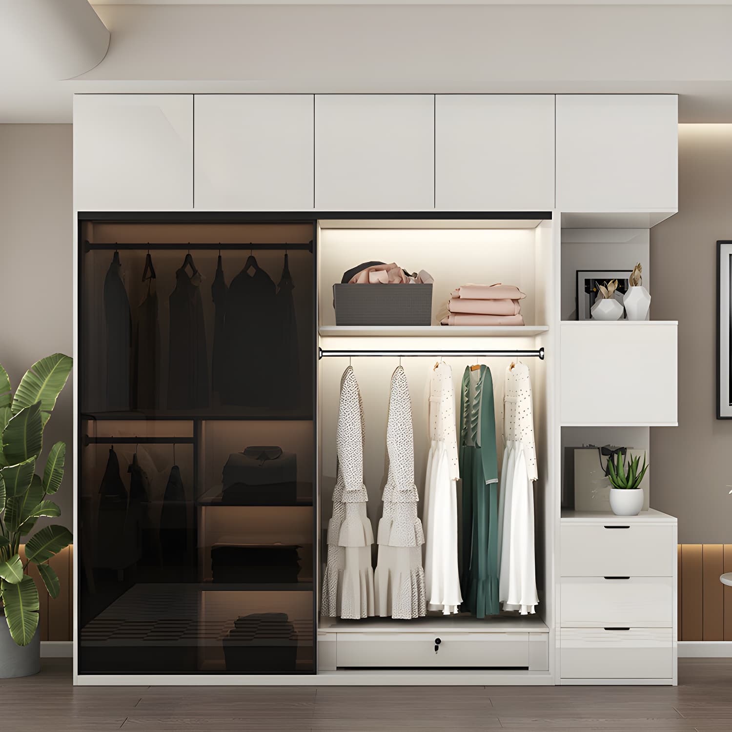 White Glass Wardrobe Rod Included Wardrobe Wardrobe Closet without Light thumbnail 3