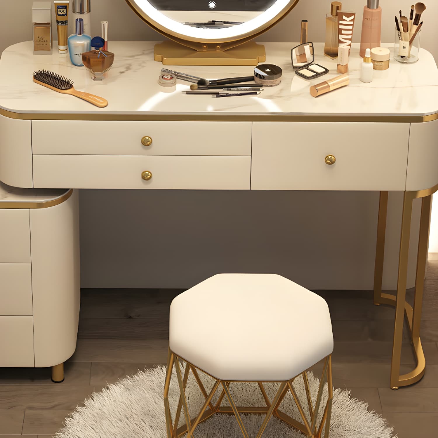 Scandinavian Wooden Vanity Desk in White Modern with Drawers Dressing Table thumbnail 9