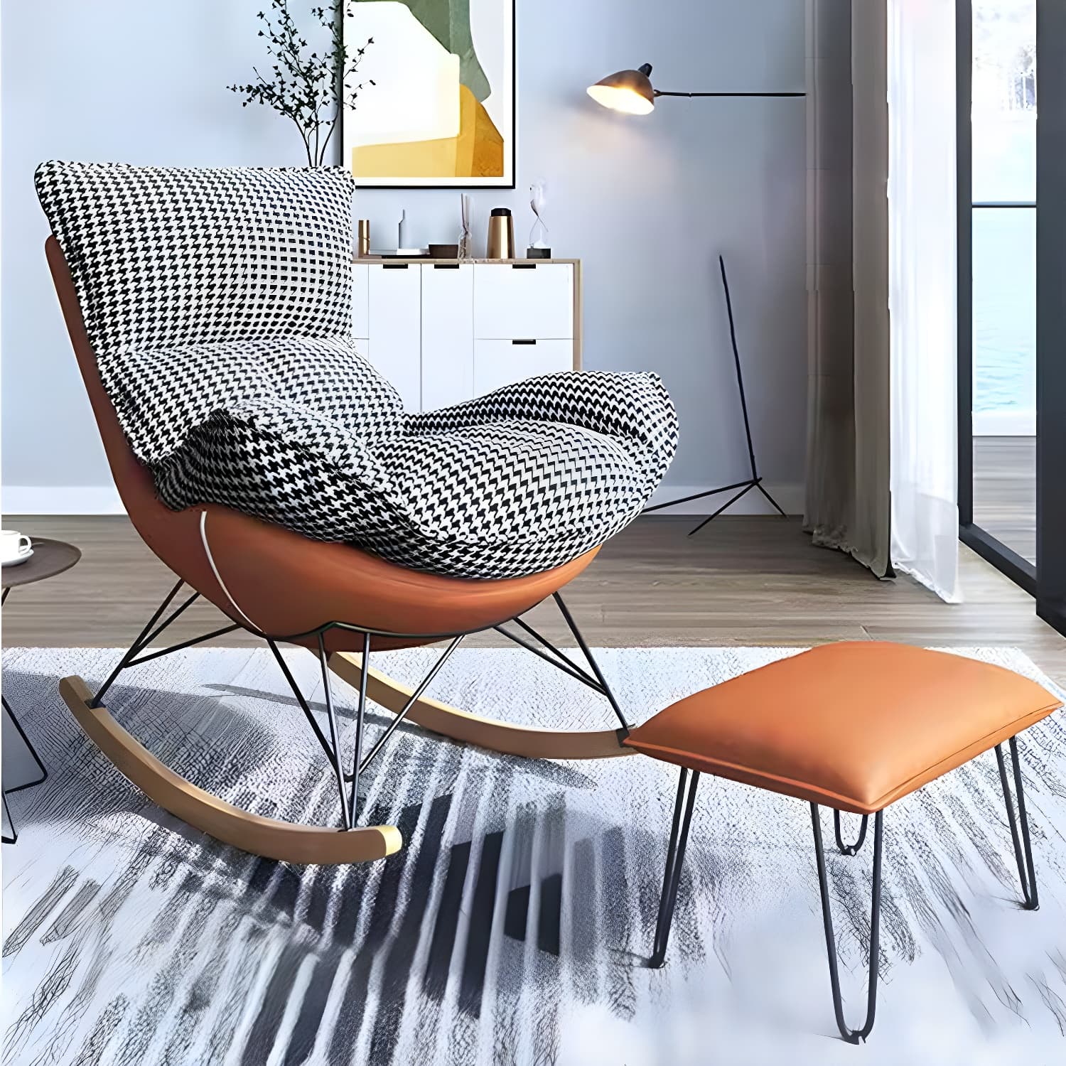 Contemporary Rocker Chair Antique Finish Rocking Chair with Ottoman thumbnail 11