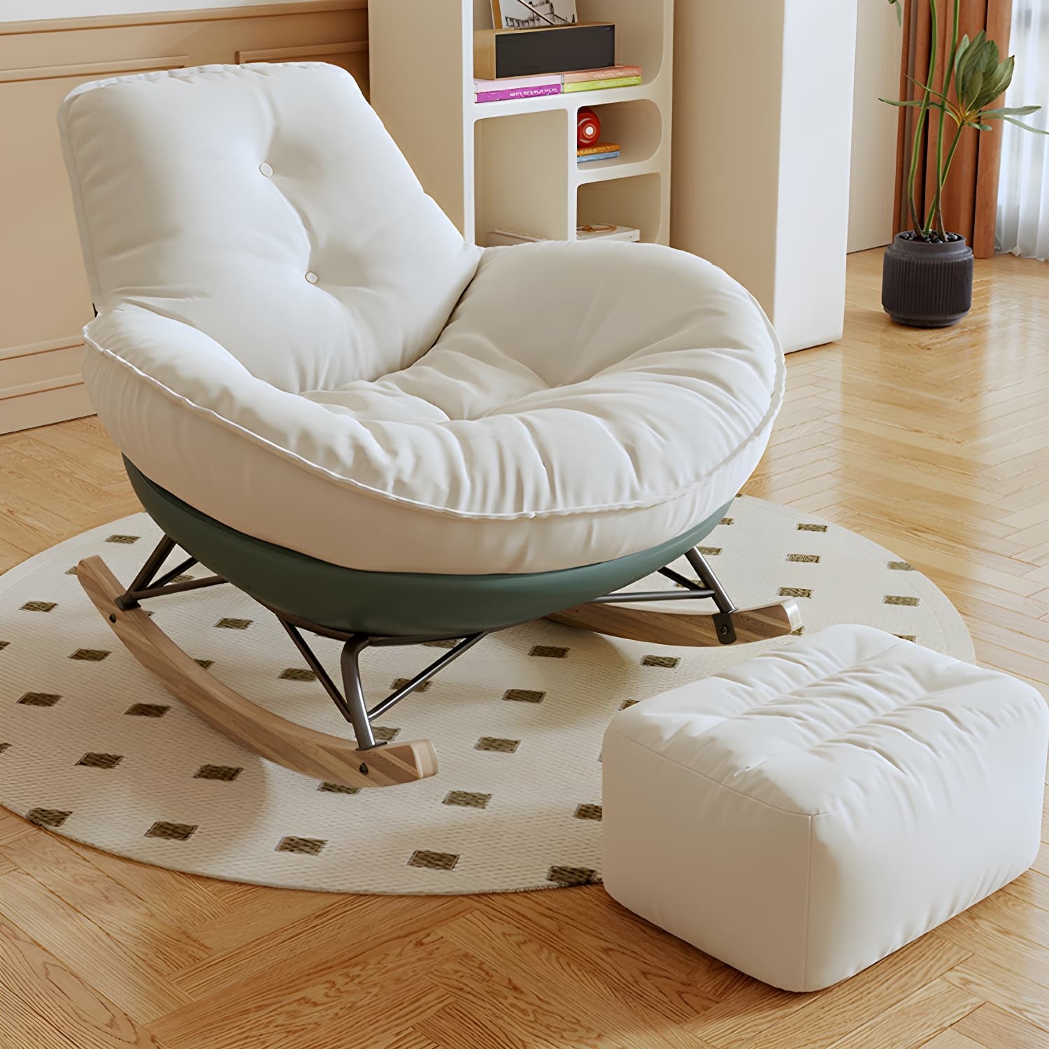Indoor Contemporary Rocking Chair with Beige Upholstered and Wood Legs thumbnail 12