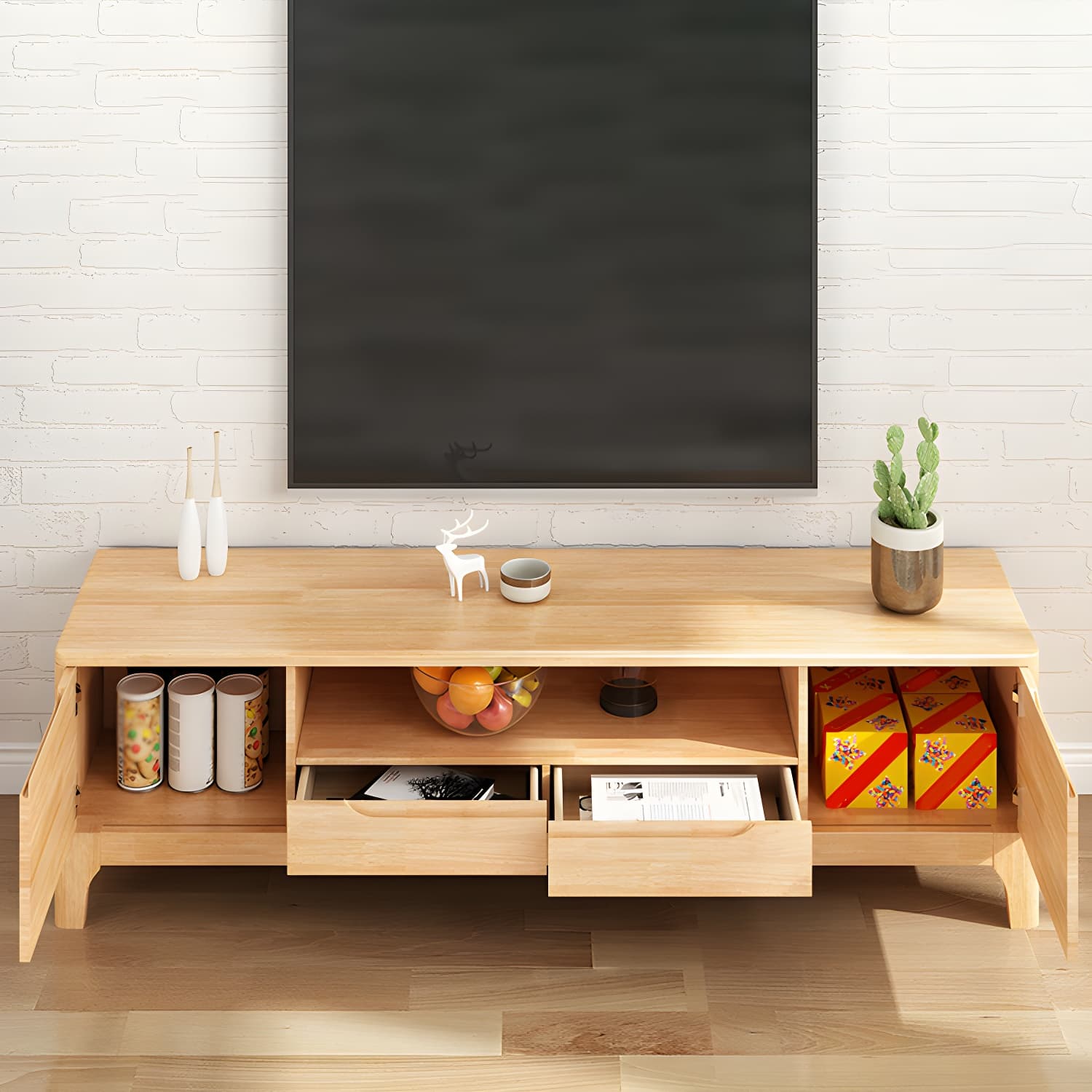Scandinavian with Drawers Rubberwood with Cabinet TV Media Console thumbnail 8