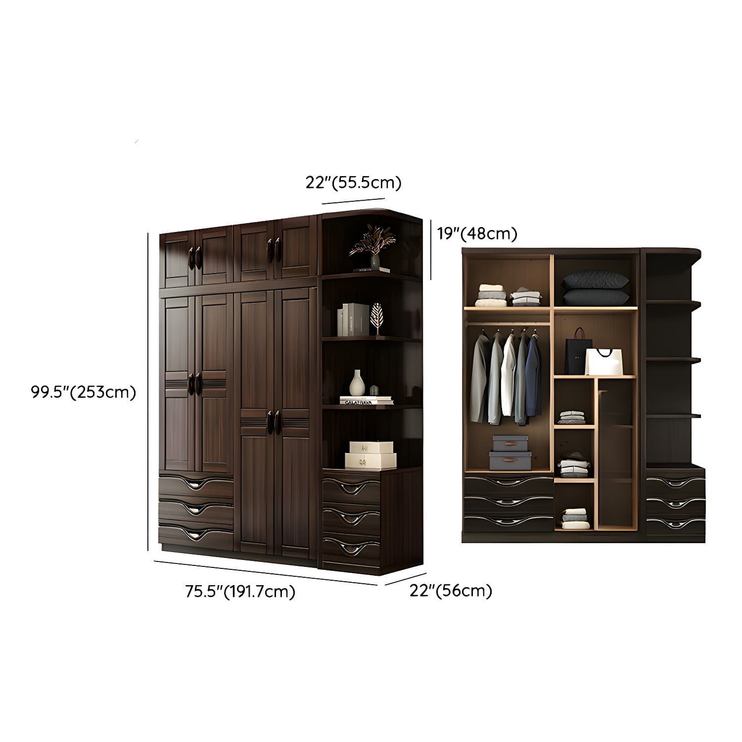 Traditional Black-brown Storage Wood Wardrobe with Clothing Rod and Shelves thumbnail 22