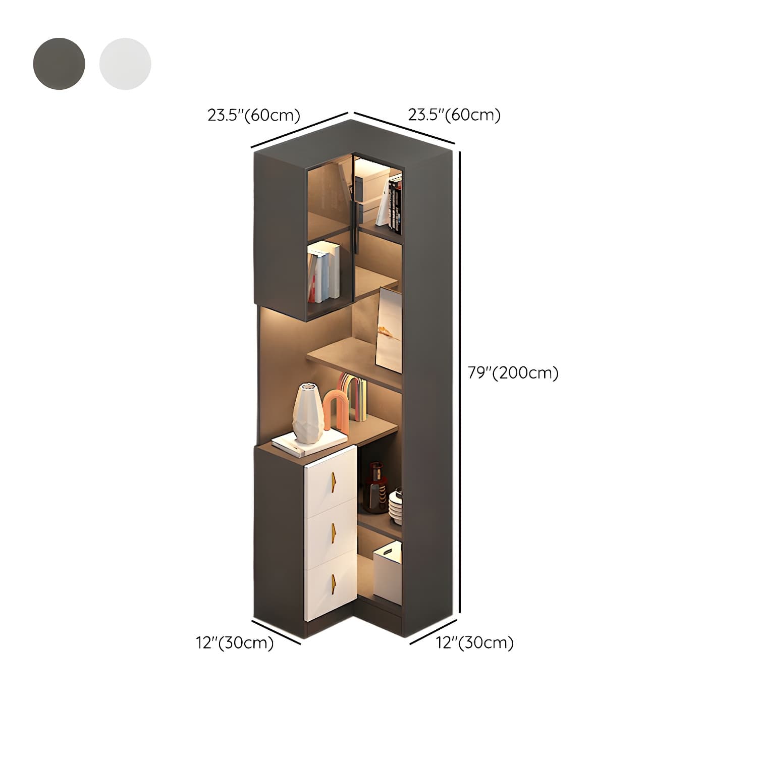 Corner Modern Accent Cabinet with Wood Counter Top, Glass Doors, Drawers, and Adjustable Shelves thumbnail 12