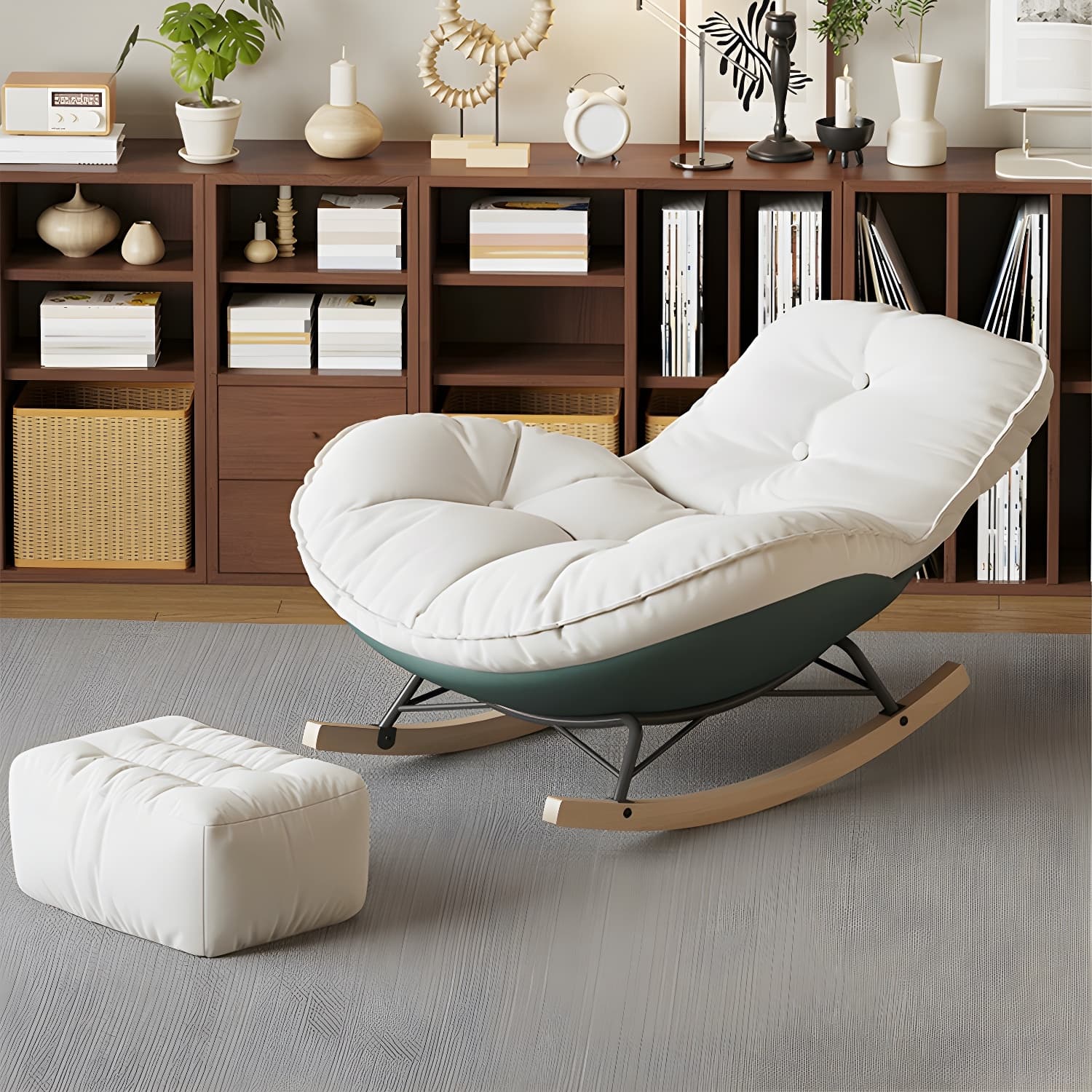 Contemporary Upholstered Rocking Chair with White Tufted Flannel Cushion and Solid Wood Legs thumbnail 14