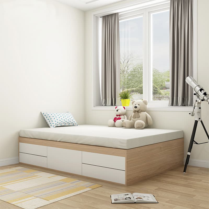 Wood Color Platform Storage Bed with Timber Bed Panel in a Modern Simple Style thumbnail 1