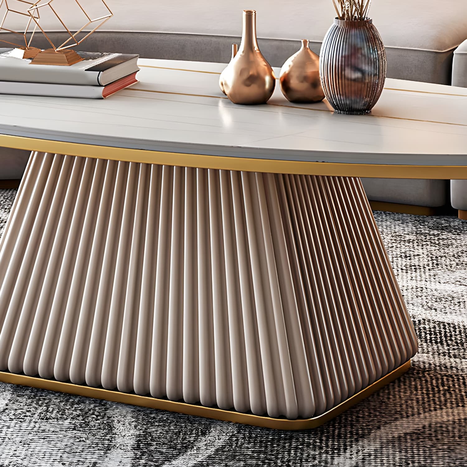 Glam Metal and Slate Cocktail Table Pedestal Coffee Table for Living Room thumbnail 10
