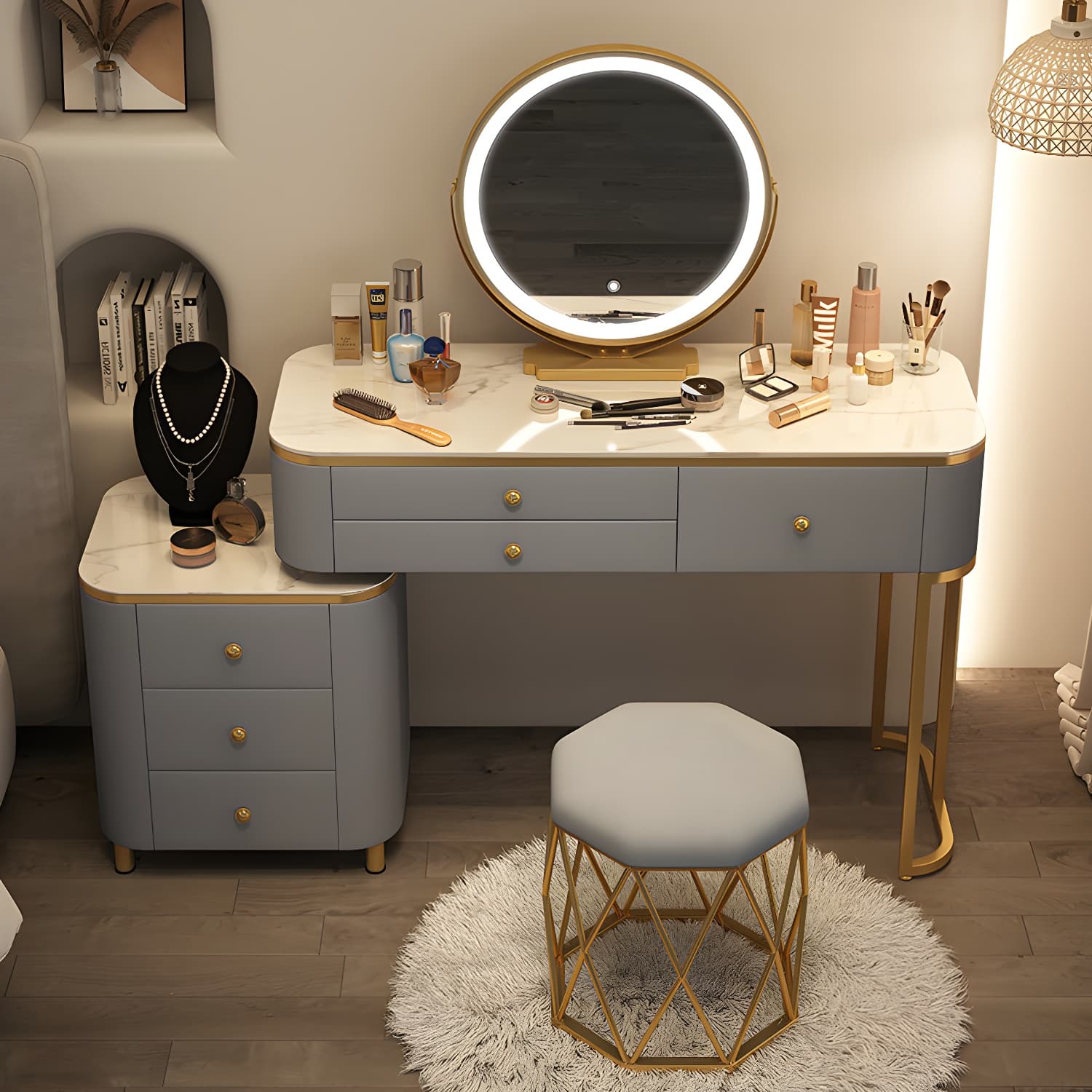 Scandinavian Wooden Vanity Desk in White Modern with Drawers Dressing Table thumbnail 1