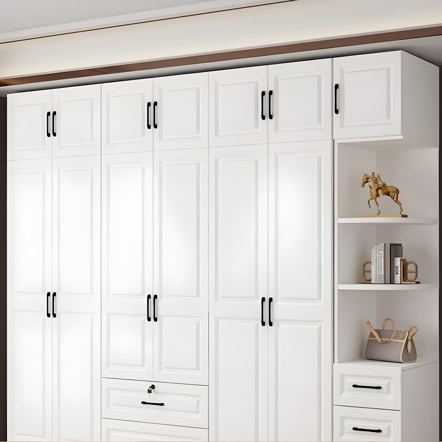 White Wood Wardrobe Armoire with Drawers, Shelves, and Clothing Rod thumbnail 9