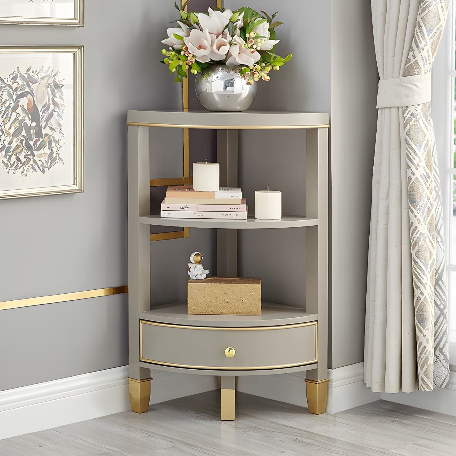 Unique Gold Beech Wood Corner Accent Cabinet with 1 Drawer and Open Shelves thumbnail 4