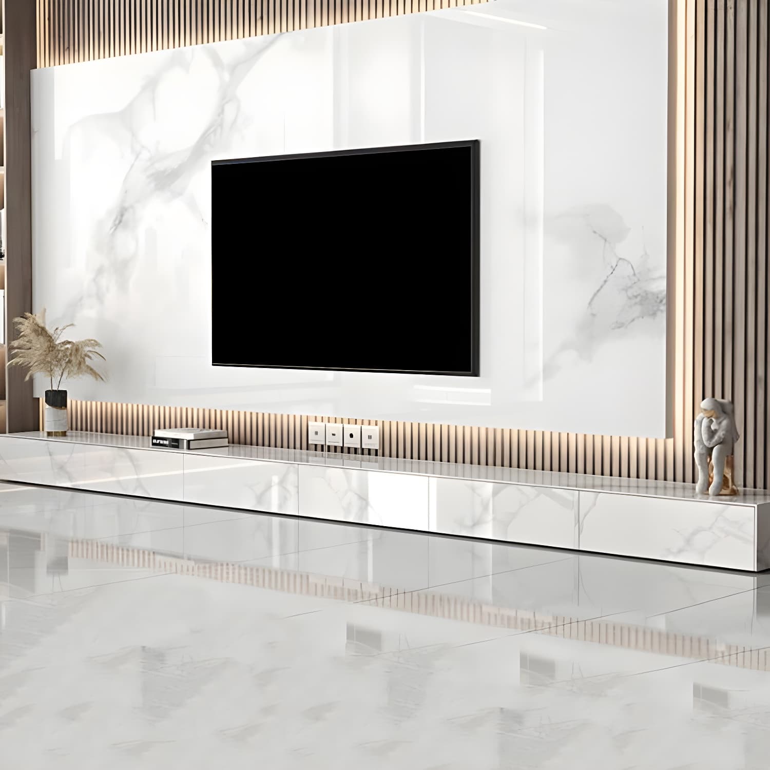 Stone TV Stand Modern TV Console with 6 Drawers Included, White thumbnail 3