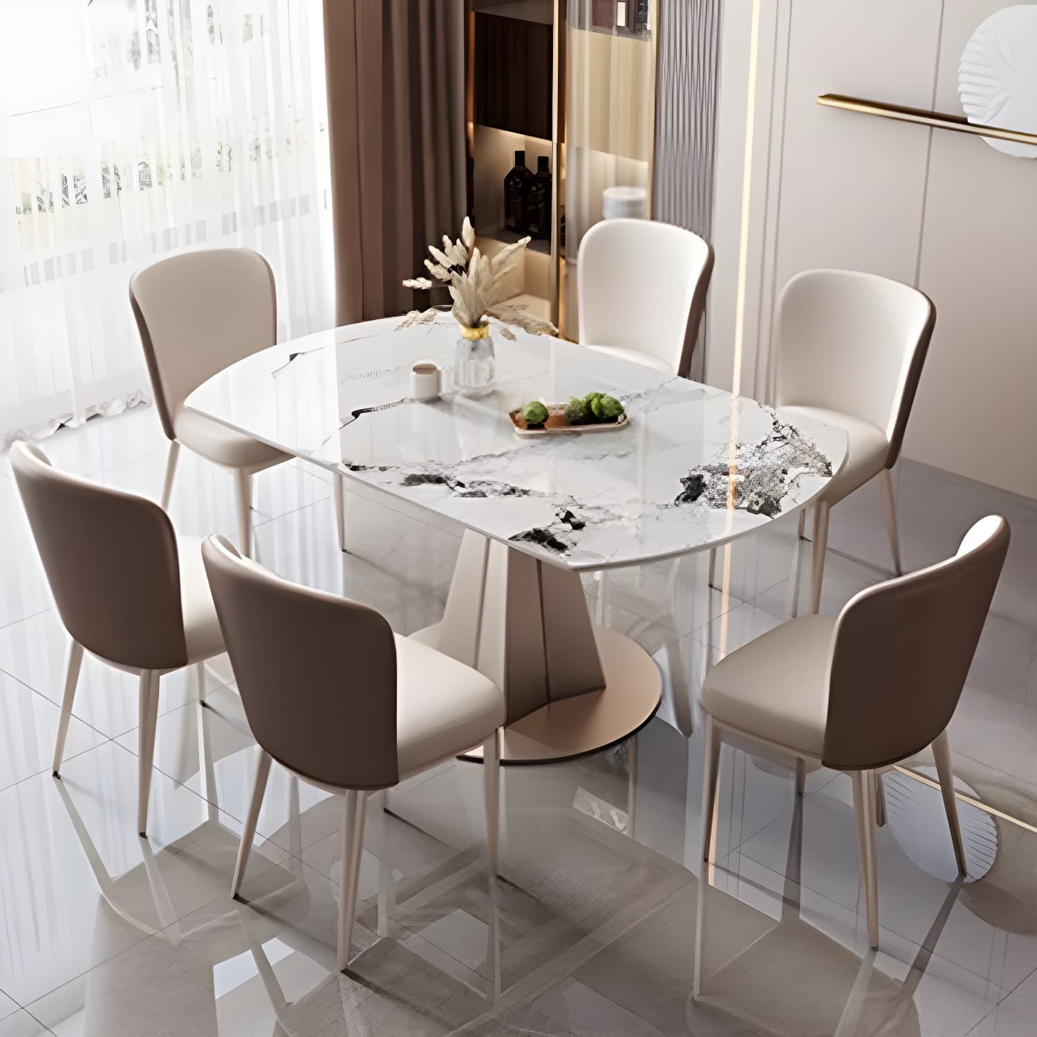 Round Metal Dining Set in White with Gold Pedestal Base and Self-Storing Leaf - 5 Piece Set thumbnail 6