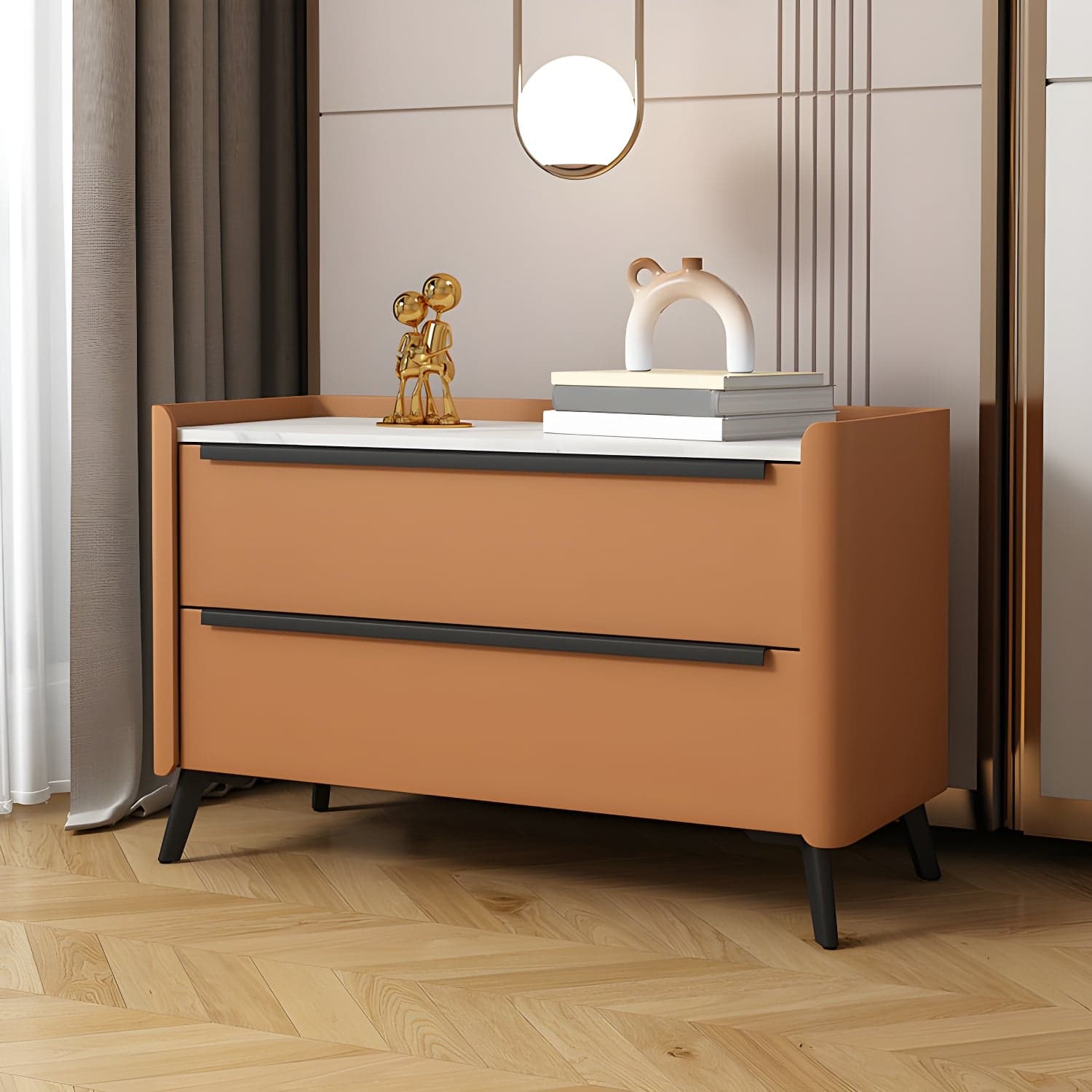 Modern Faux Leather Top Nightstand with Two Drawers and Stone Countertop thumbnail 6
