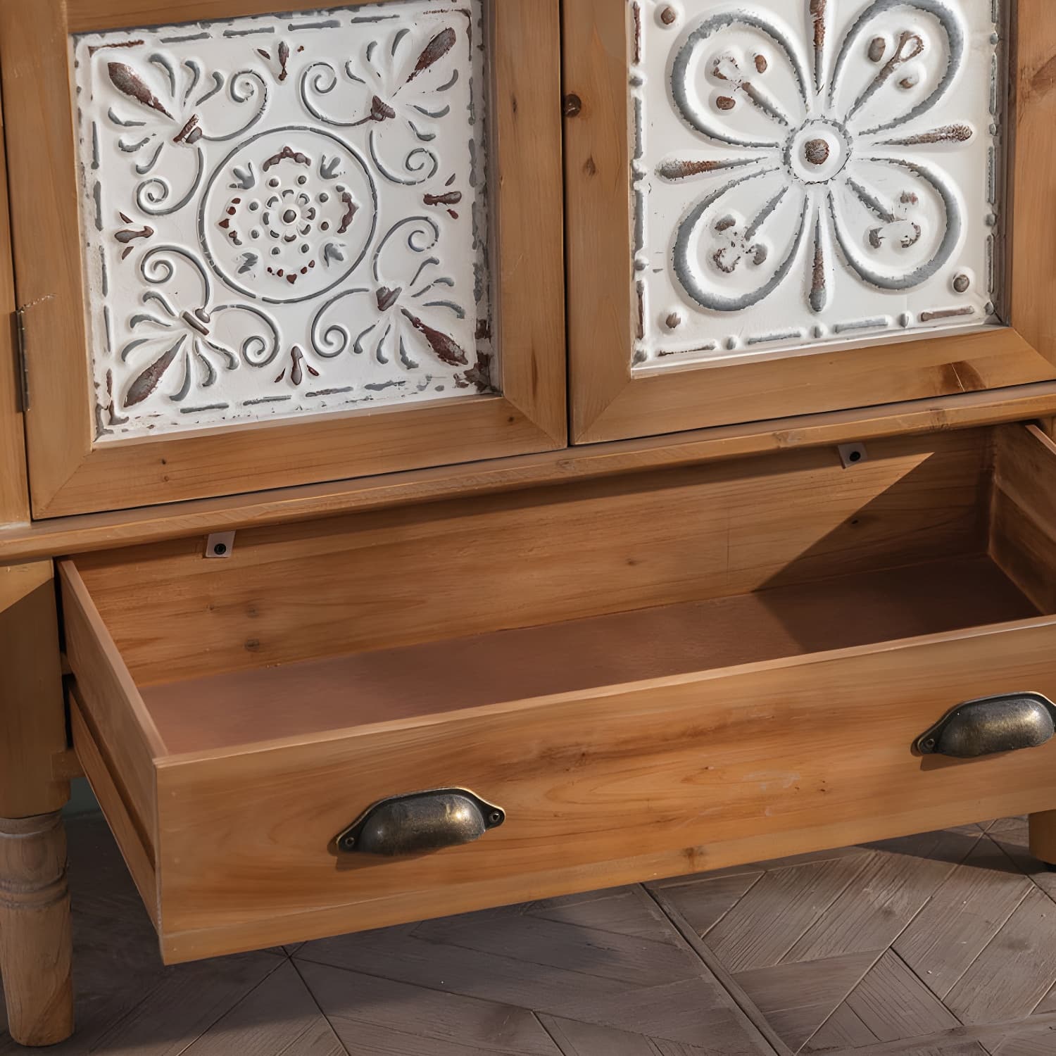 Industrial Accent Cabinet in Natural with Solid Wood Door and Drawers thumbnail 9