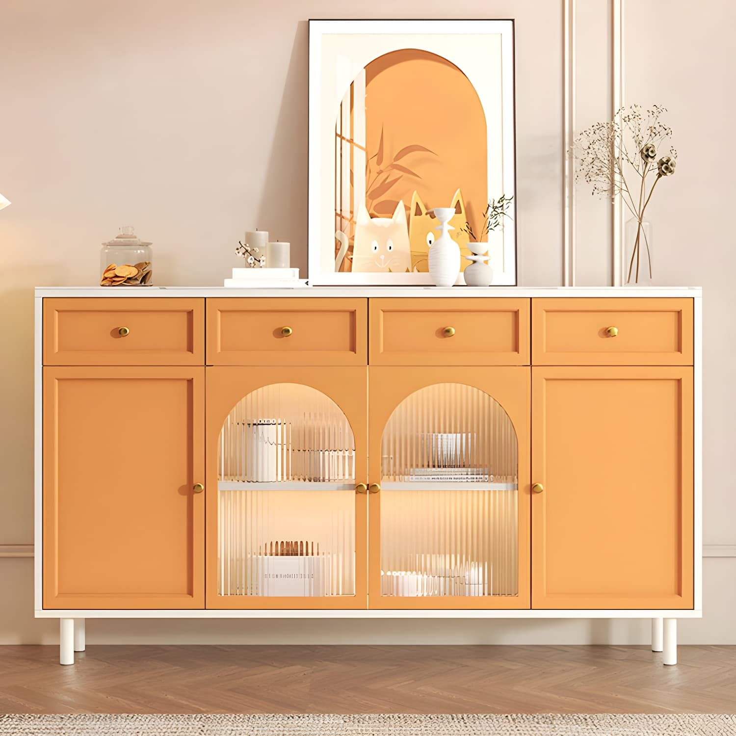 Scandinavian Wood Buffet Sideboard with Stone Countertop and Glass Doors thumbnail 5