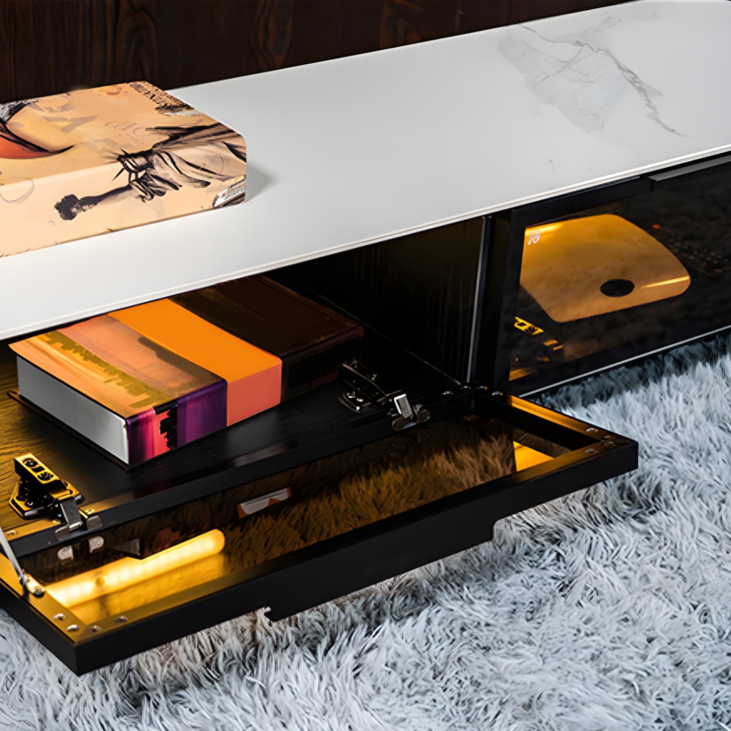 Modern Slate TV Stand White Closed Storage TV Console with Sensor Light thumbnail 6