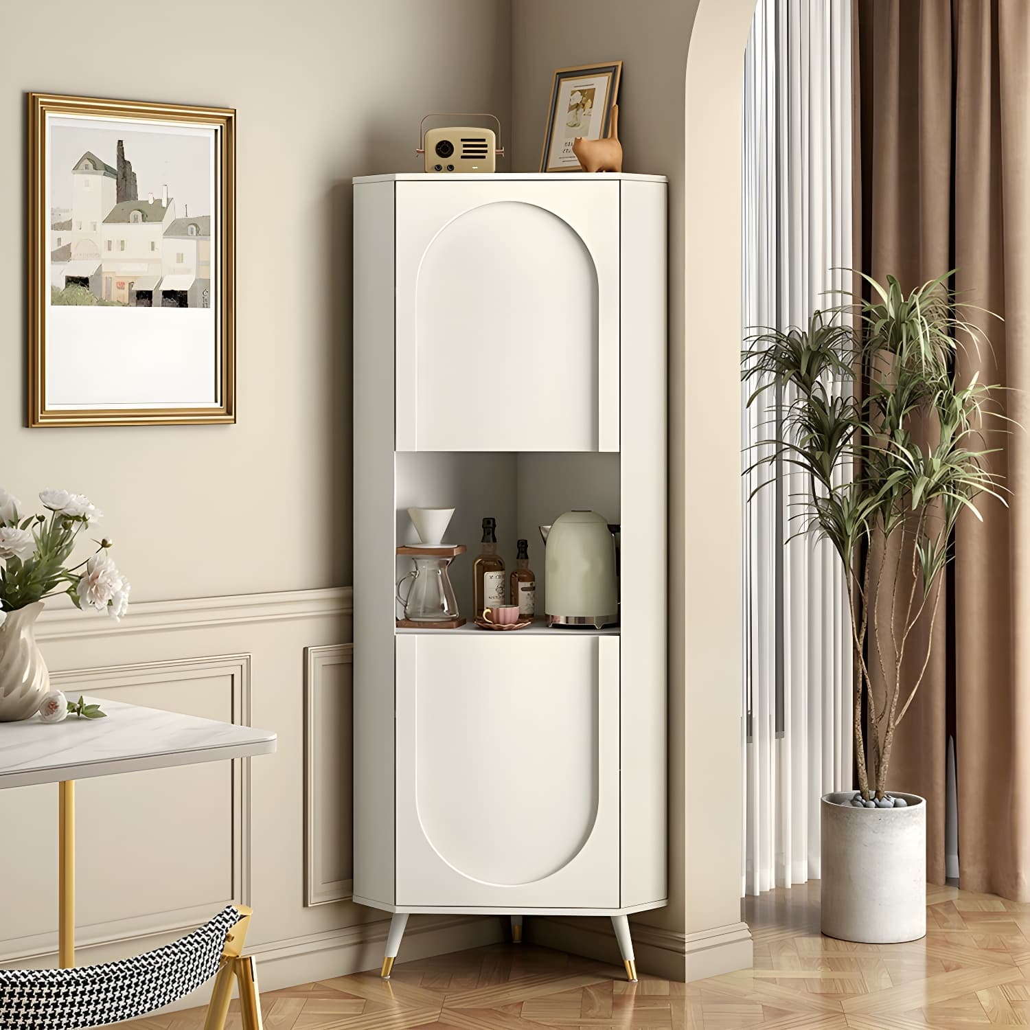 Modern White Corner Accent Cabinet with Stone Counter Top, 2 Cabinets, and 6 Shelves thumbnail 10