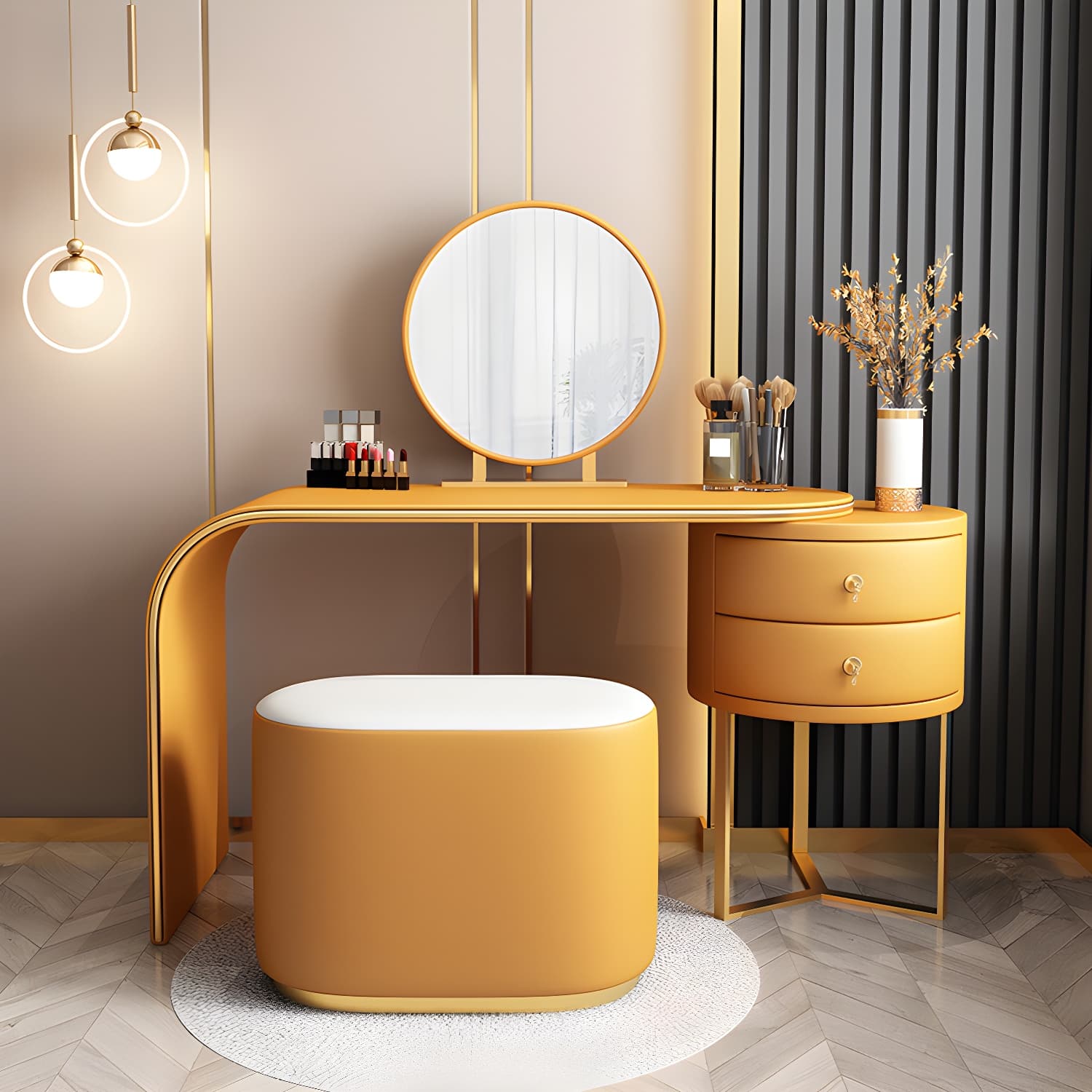 Genuine Leather Makeup Dressing Table with Mirror and Stool Set thumbnail 8
