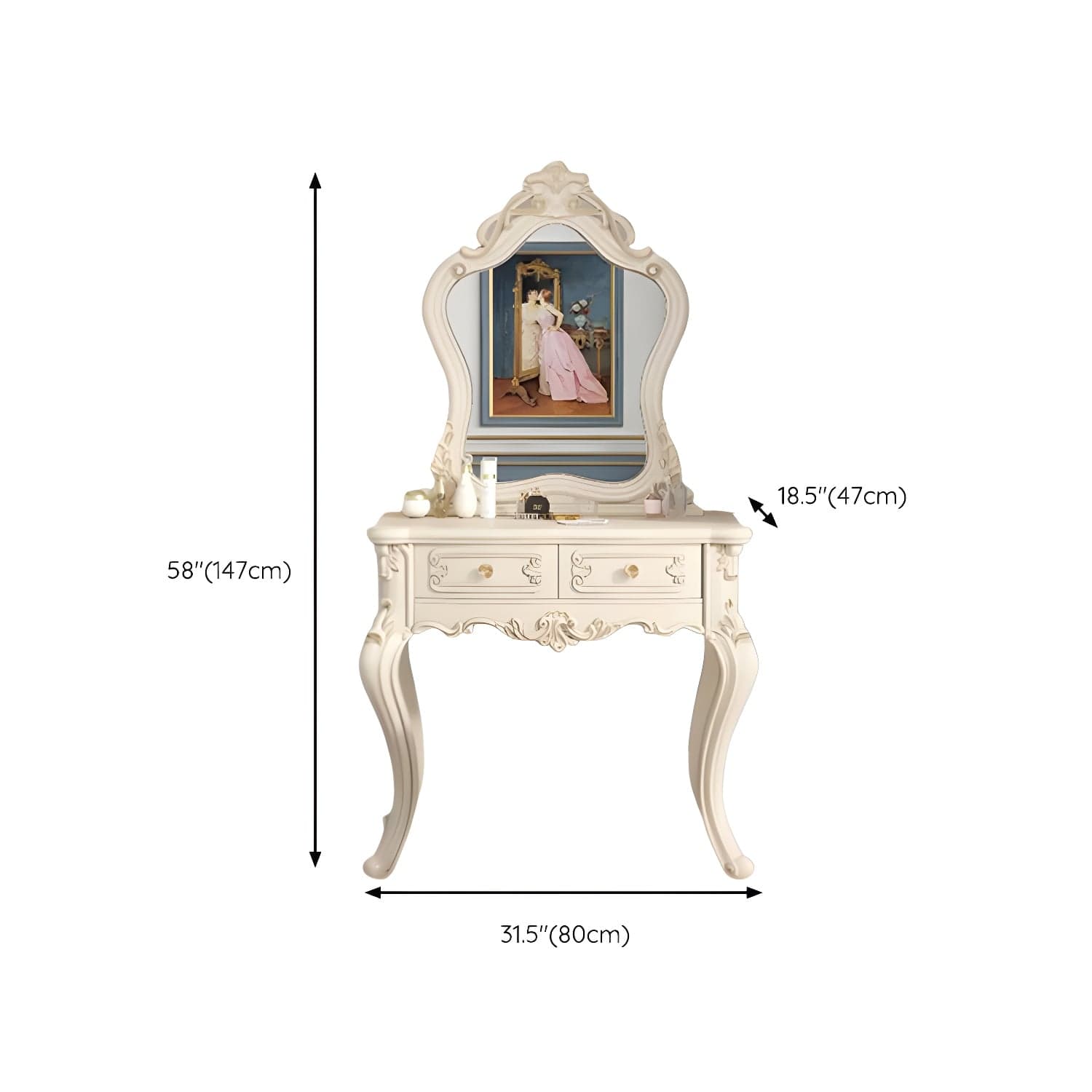 Elegant White Victorian Makeup Vanity Set with Wood Top & Mirror & Drawers & Upholstered Chair thumbnail 16