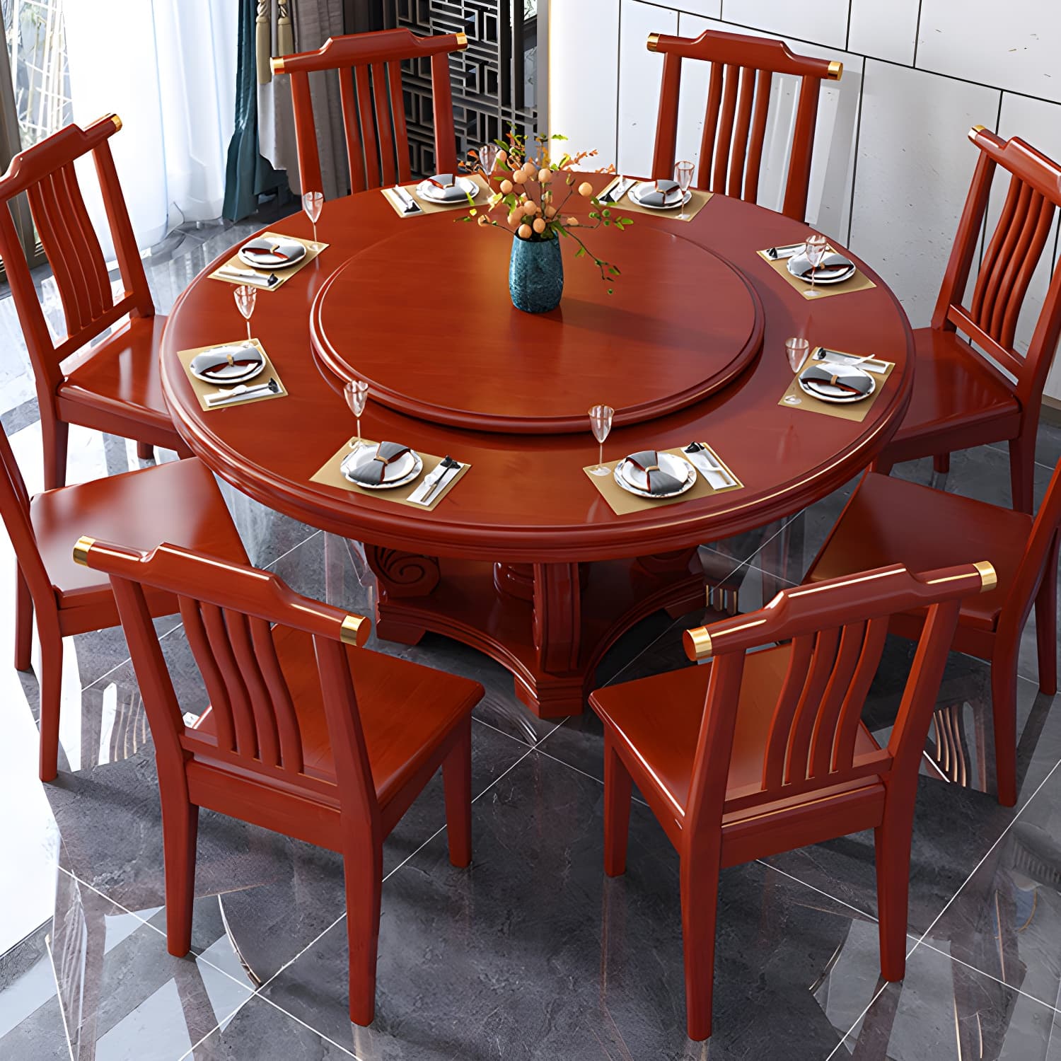 Round Solid Wood Dining Table Modern Turntable Furniture with Pedestal Base thumbnail 8