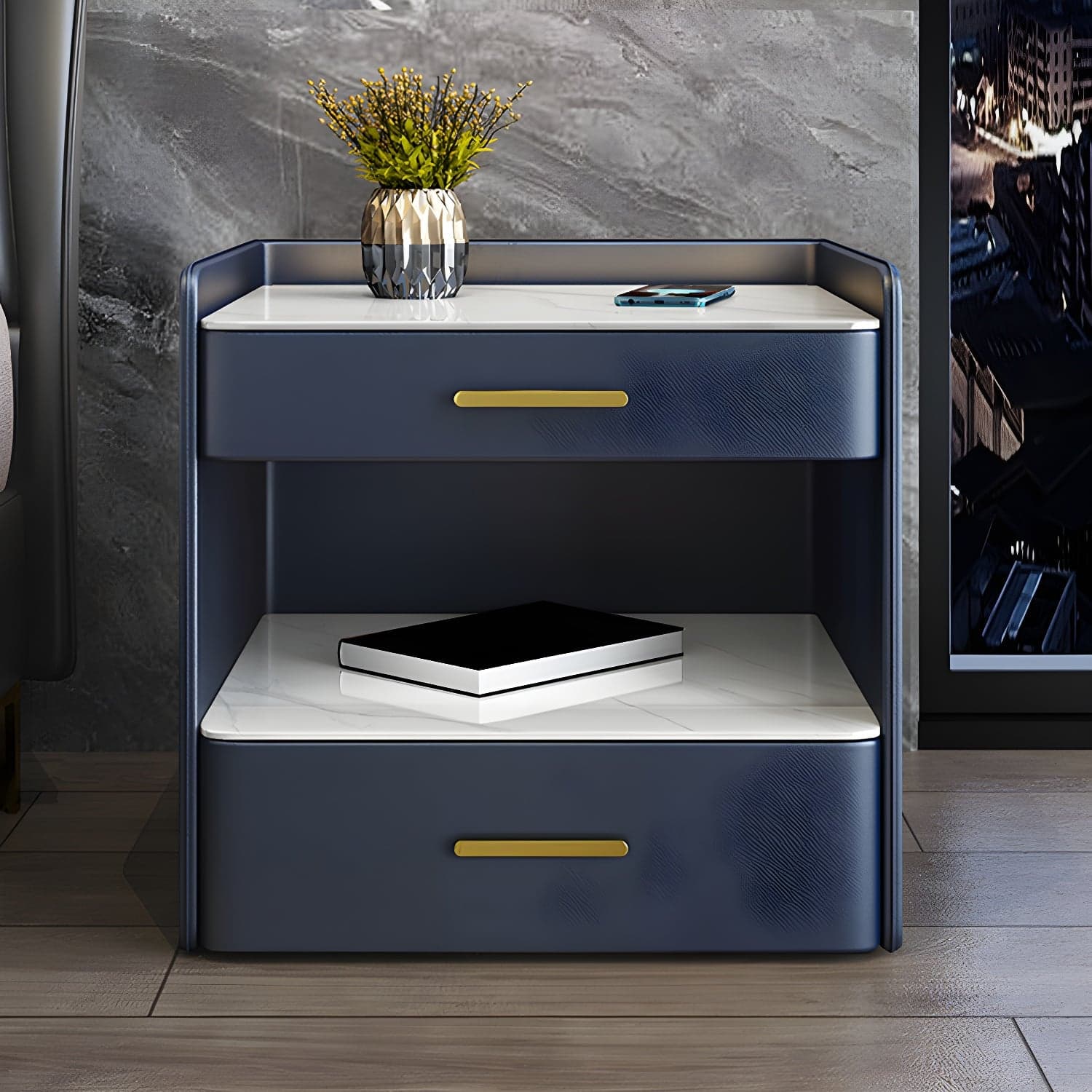 Stone Bed Nightstand Open Storage Bedside Cabinet with Drawers thumbnail 2