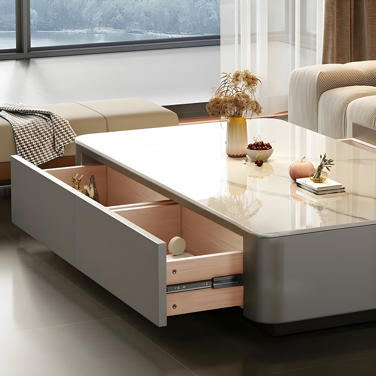 Modern Style Stone Top Steel Base Block Coffee Table with 4 Drawers Rectangular Shape thumbnail 9