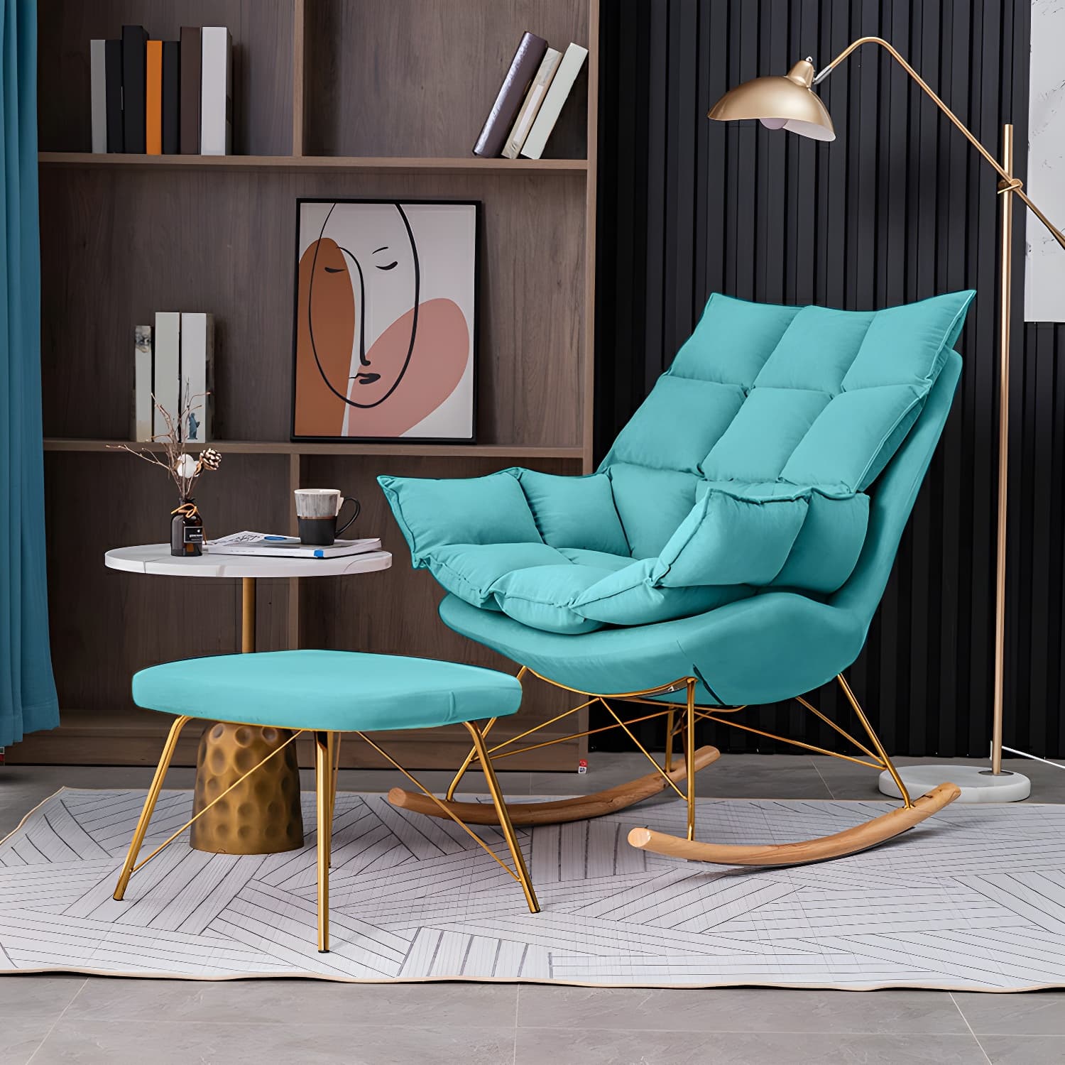 Rocking Accent Chair Upholstered Contemporary Living Room Spindle Tufted Cushions thumbnail 2