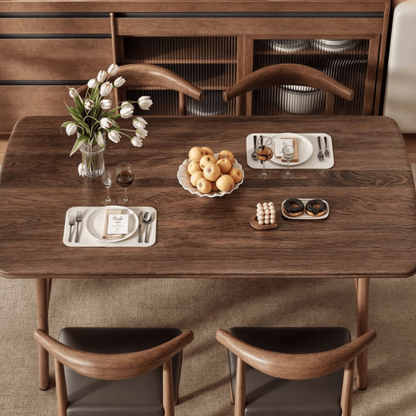 5 Pieces Chalk/Brown/Natural Dining Table Set with Wood Back Padded Chair and Natural Solid Wood Rectangular Dining Table for 4 thumbnail 10