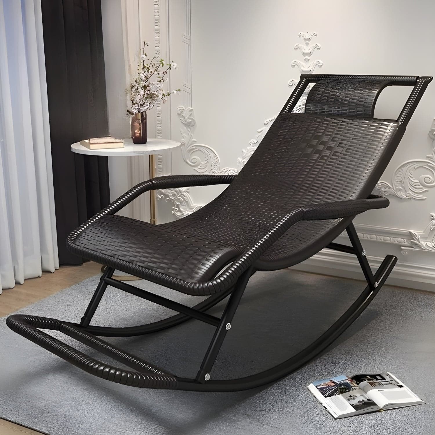 Traditional Black Metal Frame Rocking Chair with Spindle Back and High Weight Capacity thumbnail 1