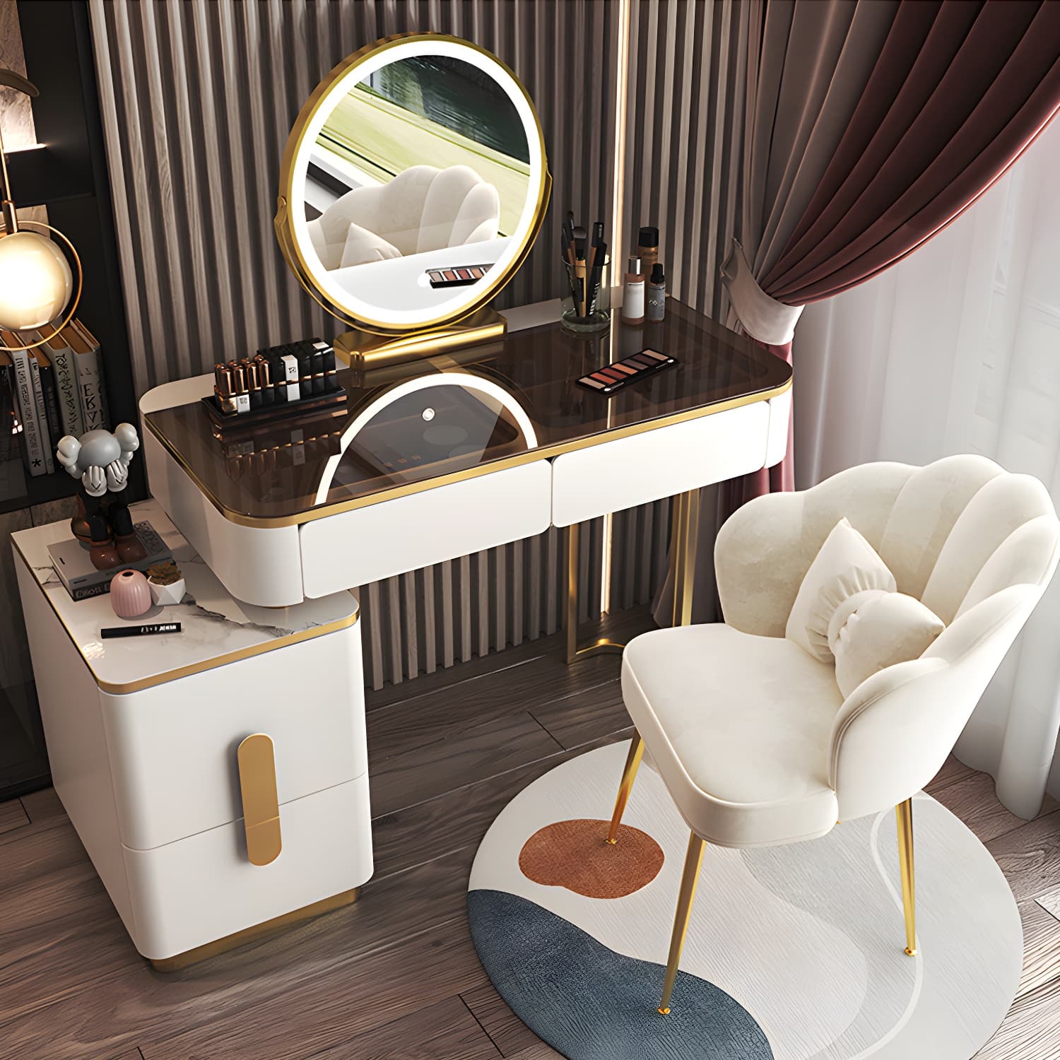 Glass Top Make-up Vanity Wood Dressing Table with Storage Drawers thumbnail 13