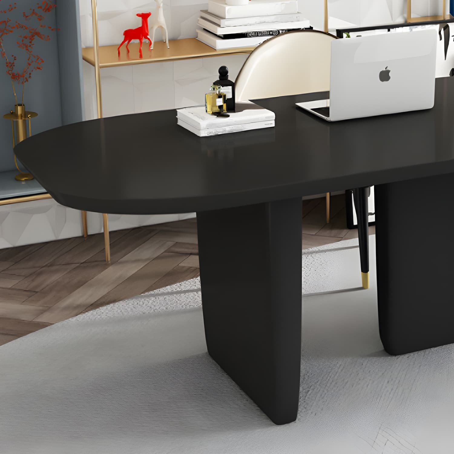 Rectangle Solid Wood Dining Table Modern Table with Double Pedestal Base thumbnail 6